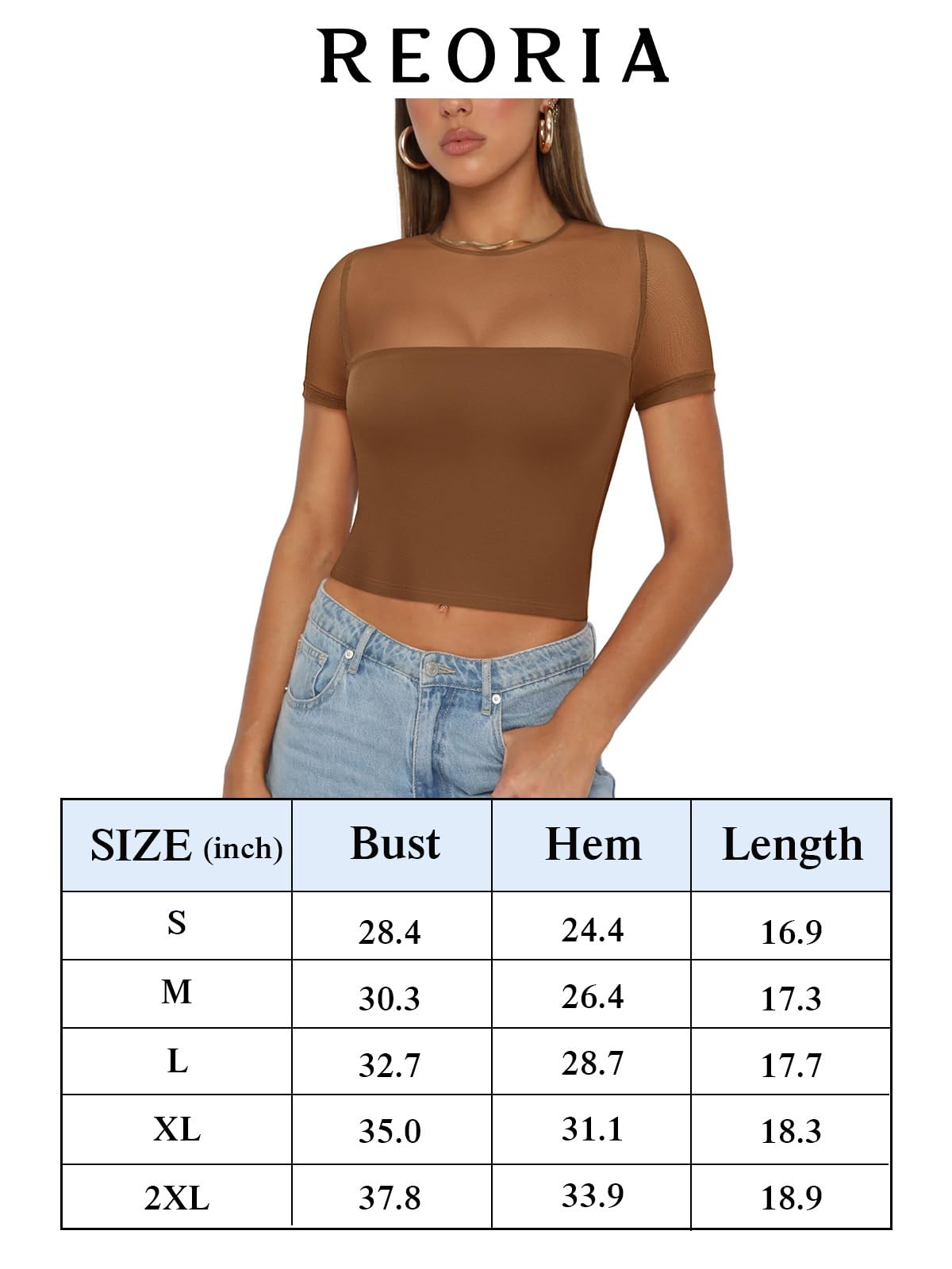 REORIA Women's Sexy Crew Neck Short Sleeve Mesh T-Shirt - Summer Trendy Slim Fit Crop Top for Casual Wear, Night Out & Beach Outfits