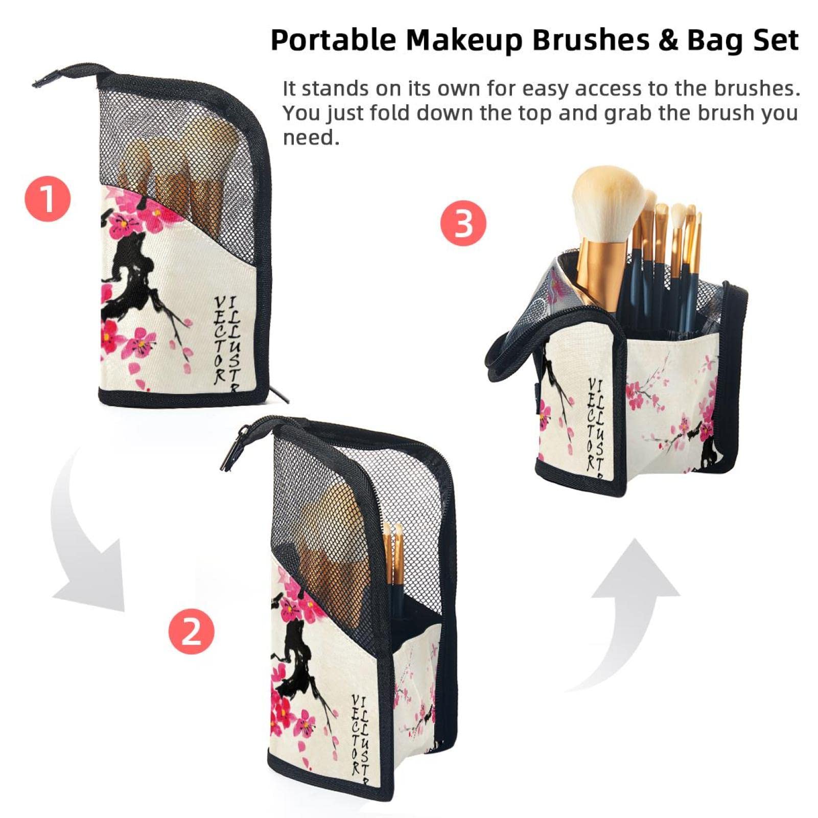 12-Piece Makeup Brush Organizer Bag with Traditional Japanese Cherry Blossom Design - Portable Cosmetic Brush Holder Case for Travel & Home Storage