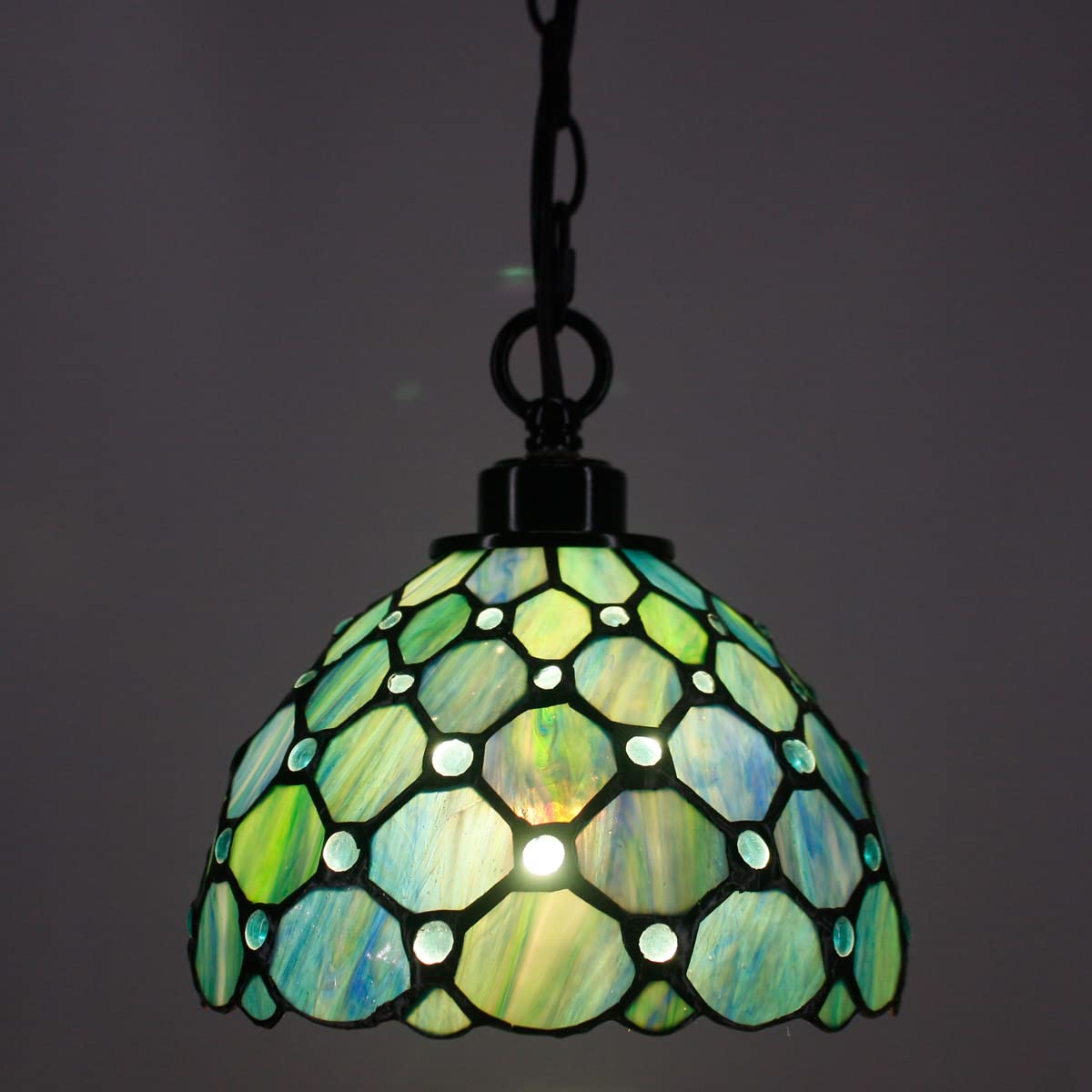 Tiffany Style Plug-in Swag Pendant Light - 8x8x18 Inch Stained Glass Hanging Lamp in Sea Blue Pearl | Perfect for Dining Room, Living Room, Bedroom & Kitchen Decor