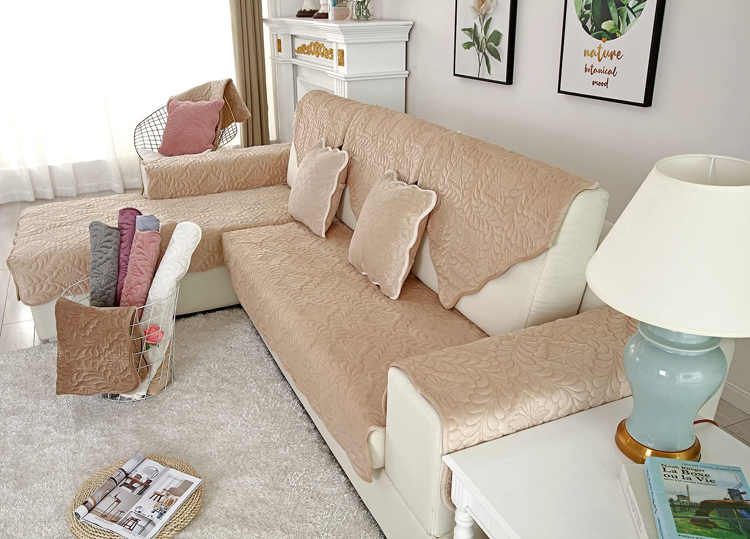 Velvet Quilted Sofa Cover - Soft Non-Slip Sectional Couch Slipcover for Pets, Dogs & Cats - Fits L-Shaped Leather Couches & Recliners with Armrest & Backrest Protection (Camel, 36