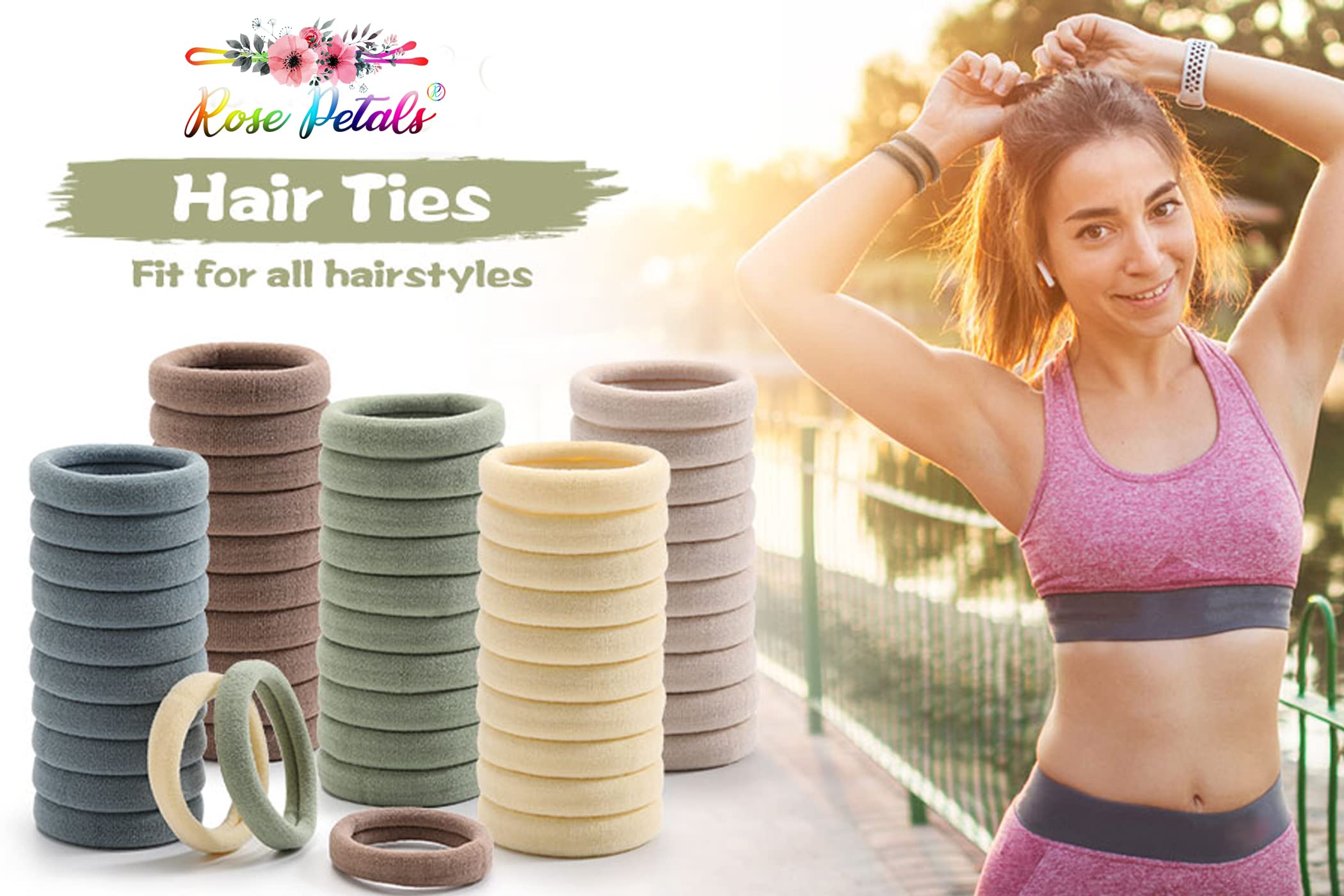 Rose Petals ® Thick Seamless Hair Bands - 100PCS No Crease Hair Ties for Thick Hair | Soft Ponytail Holders & Headband Scrunchies | Mix Colors | Perfect for Workouts, Yoga, Office & Everyday Use