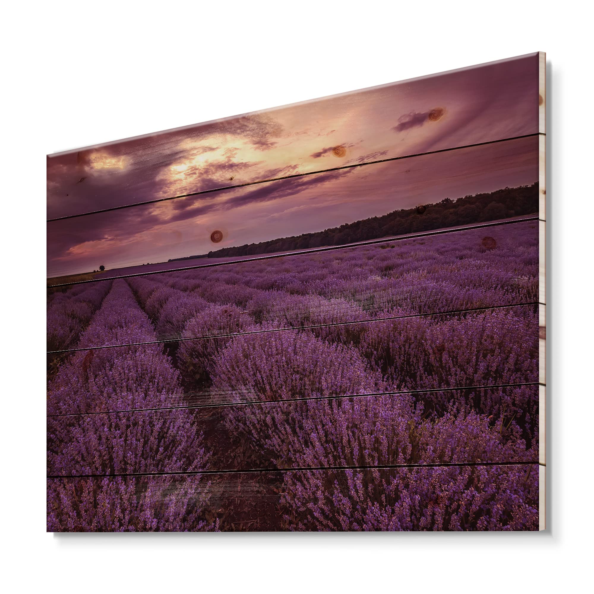 DesignQ Sunrise & Dramatic Clouds Over Lavender Field III - Farmhouse Wall Art Print on Natural Pine Wood - Perfect for Living Room, Bedroom & Office Decor