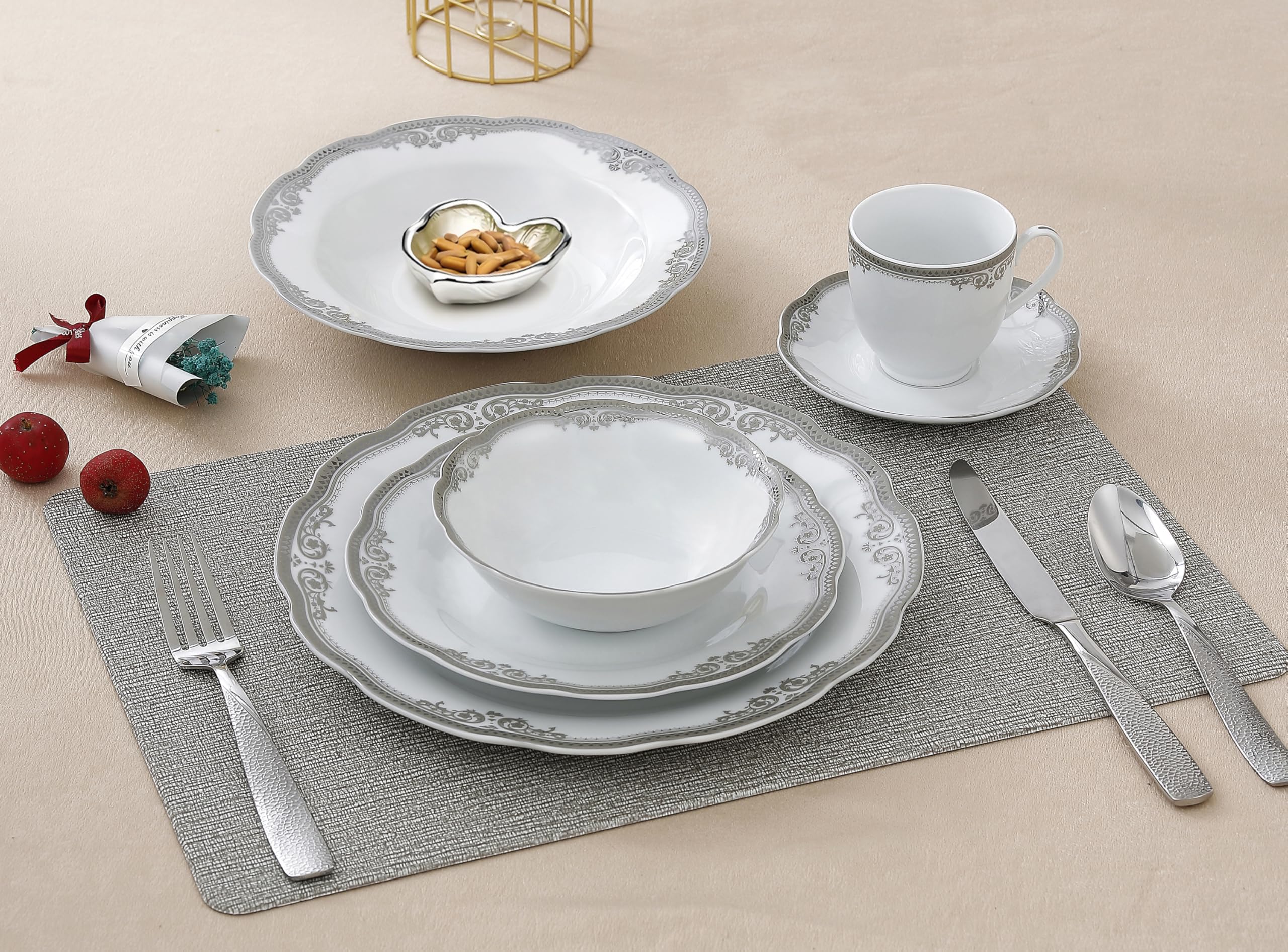 Lorren Home Trends 24-Piece Elizabeth Design Porcelain Dinnerware Set with Wavy Edge - White Elegant Tableware for Fine Dining, Dinner Parties & Home Decor