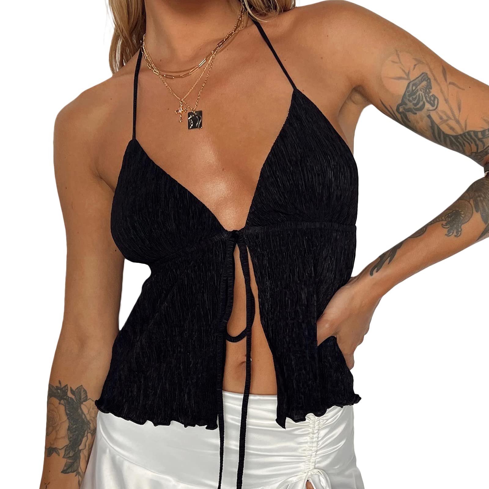 Y2K Women's Floral Patchwork Halter Crop Top - V Neck Spaghetti Strap Sleeveless Camisole & Backless Tank Top for Summer Outfits, Beachwear, and Festival Fashion