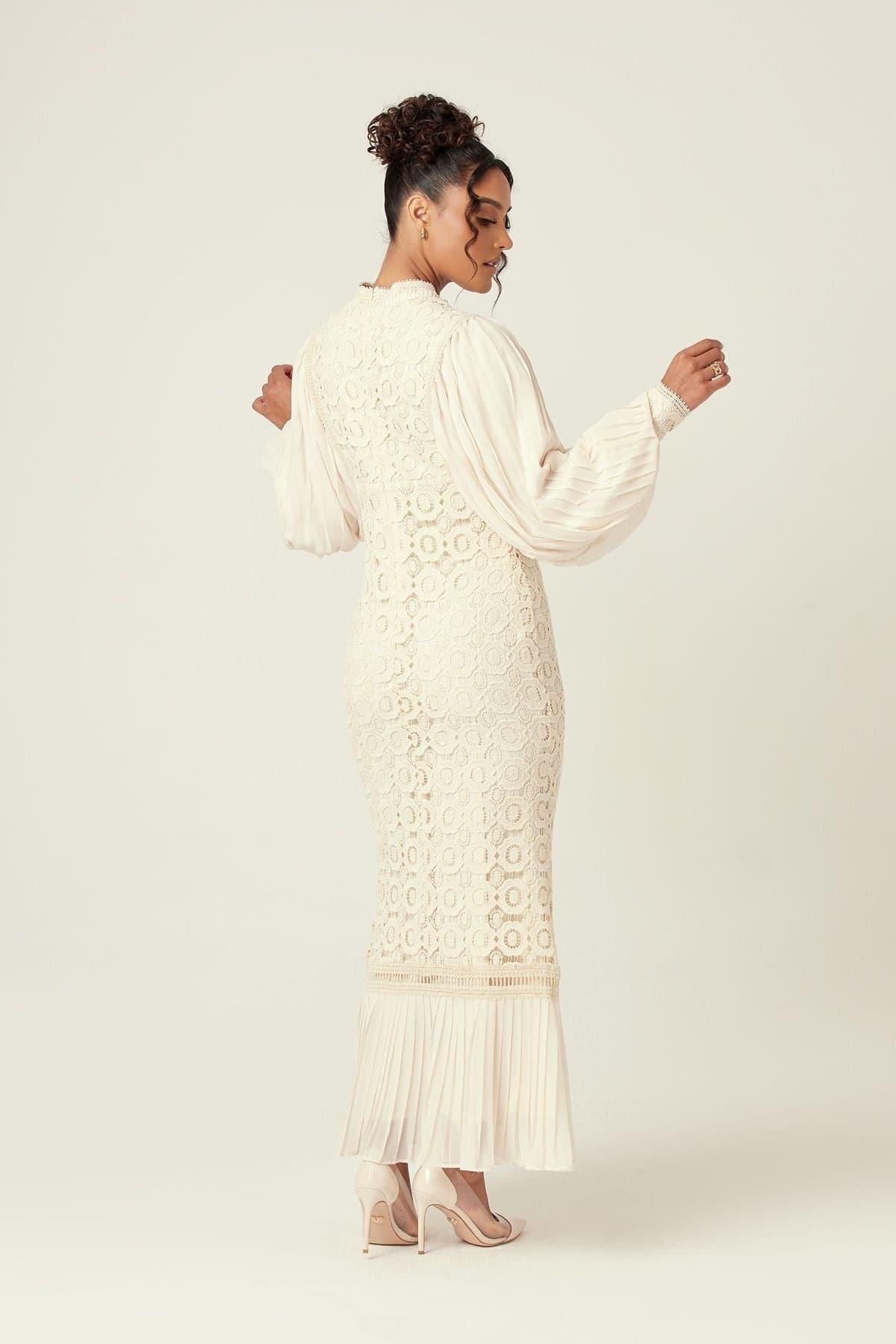Elegant Nora Lace Pleated Chiffon Maxi Dress in Cream | Women's Summer Wedding Guest Dress & Beach Cover Up