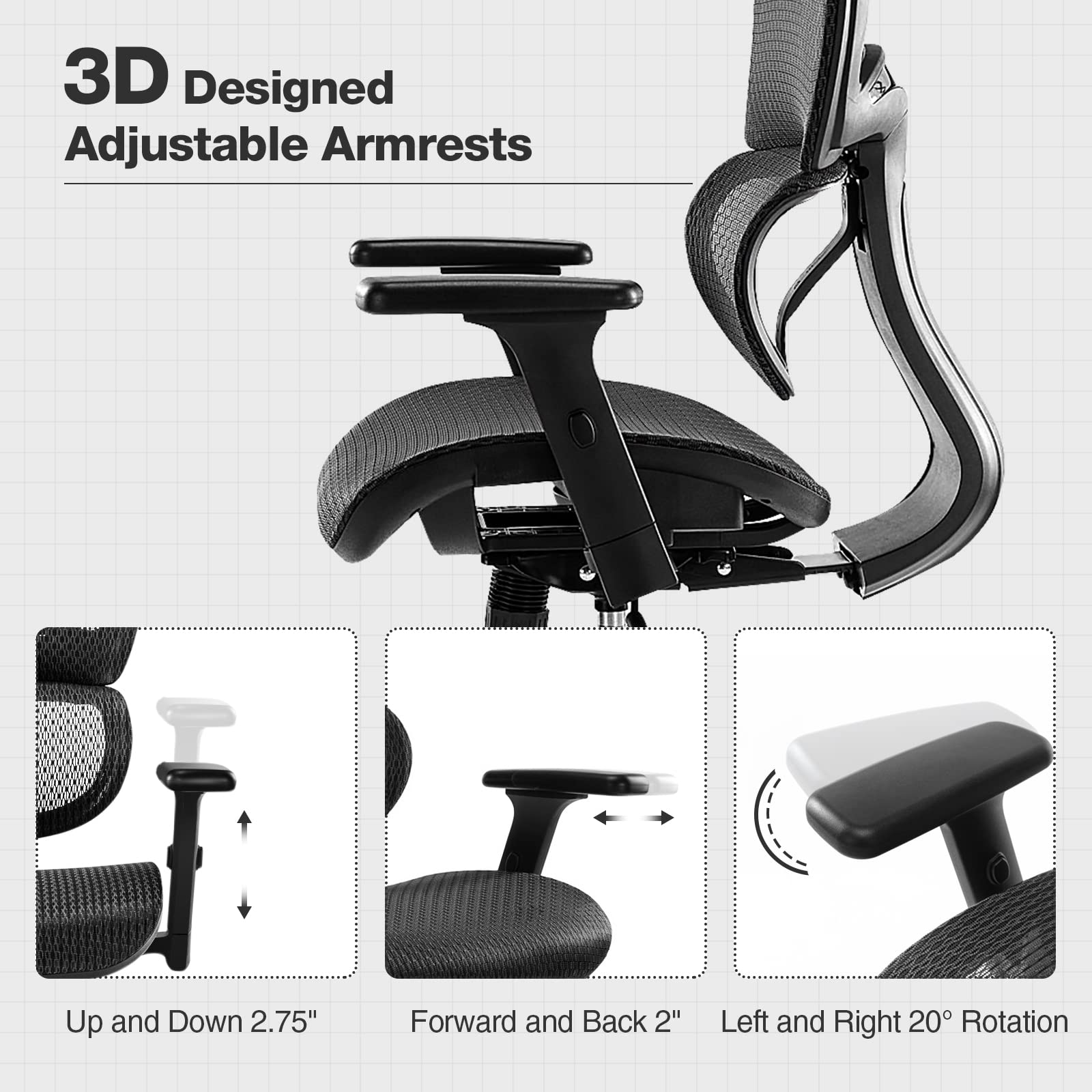 Ergonomic High Back Office Chair with Headrest & Lumbar Support - Adjustable Height Mesh Computer Chair with Swivel Base & Movable Armrests - 300 lbs Weight Capacity - Perfect for Home Office, Gaming & Executive Workspaces