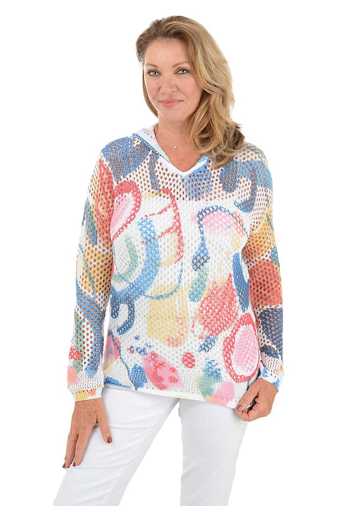 Vibrant Abstract Crochet Hoodie for Women - Stylish Boho Pullover Sweatshirt with Pockets - Perfect for Casual Outings, Music Festivals & Cozy Loungewear