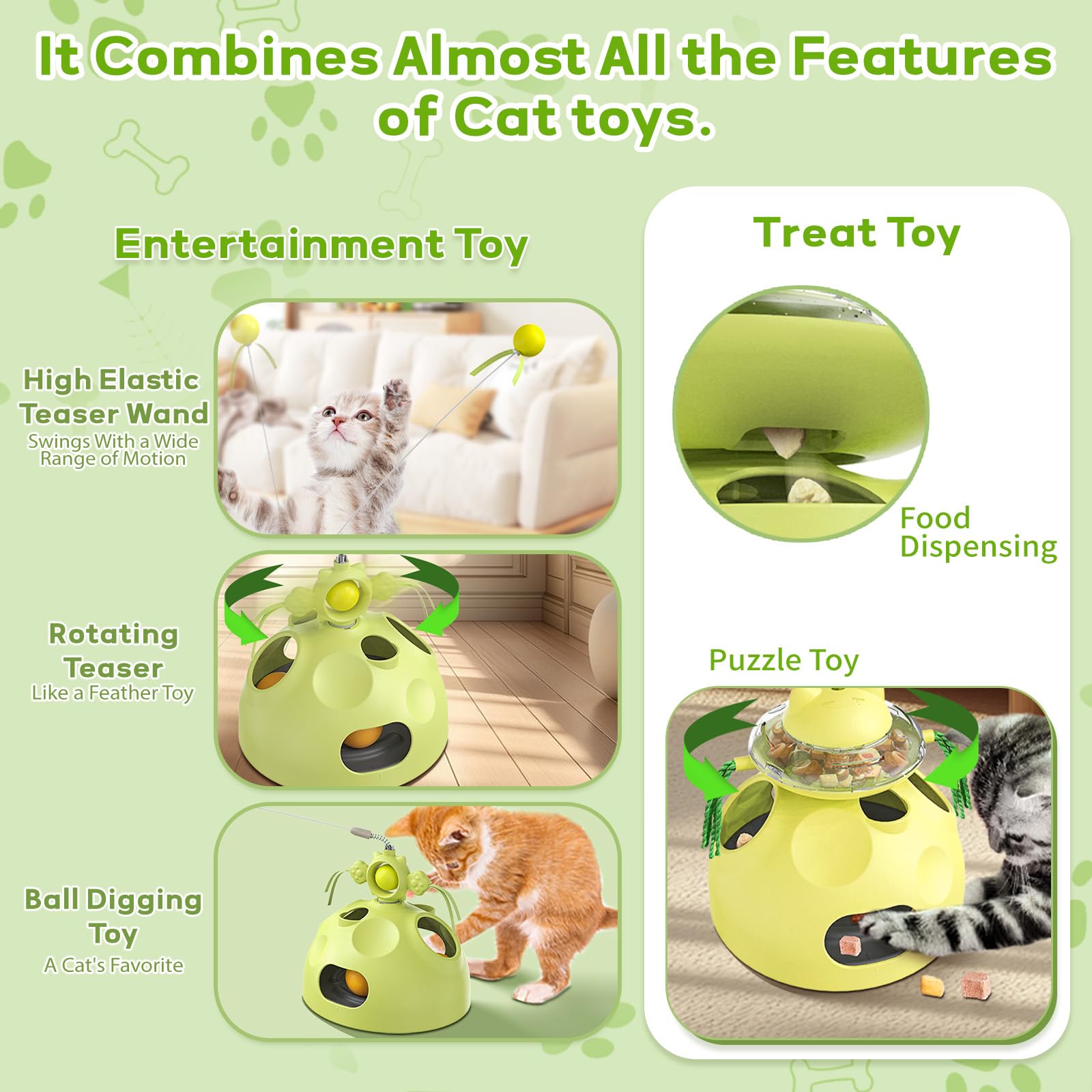 Interactive Cat Toys for Indoor Cats - Kitten Wand Toy with Funny Balls, Slow Feeder Food Puzzle & Treat Dispenser - Rotation Hole-Digging Games for Mental Stimulation - Perfect Birthday Gift for Playful Kitties (Green, Large) - Great for Solo Play, Bonding Time & Reducing Boredom in Small Spaces