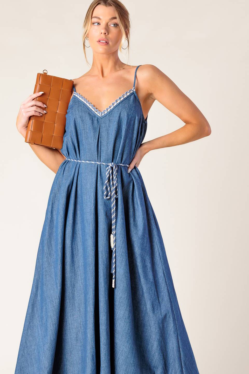 Heartfelt Moment Lace Edge Denim Midi Dress - Elegant & Comfortable Casual Wear for Women, Perfect for Brunch, Date Night & Summer Outings