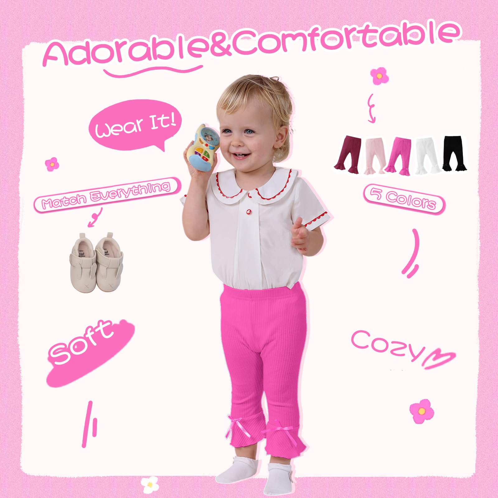 **Soft Ribbed Baby Girl Leggings - 5-Pack Straight Flare Pants for Newborn & Toddler | Bell Bottom Style for Infant Girls | Perfect for Playtime, Daycare & Family Outings**