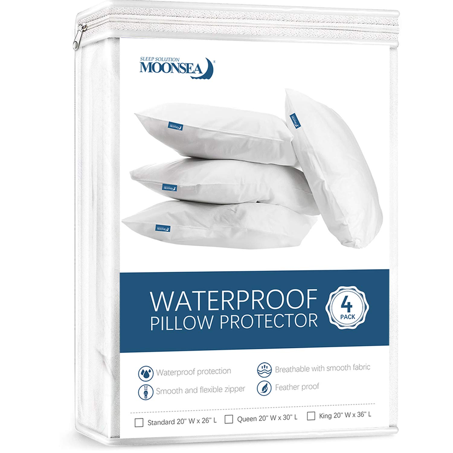 Waterproof Queen Pillow Protectors 4 Pack - 20x30 Inch Bed Bug Proof Zippered Pillow Covers - Hypoallergenic White Pillow Encasement for Allergy Relief & Mattress Protection - Perfect for Hotels, Dorms, and Home Use
