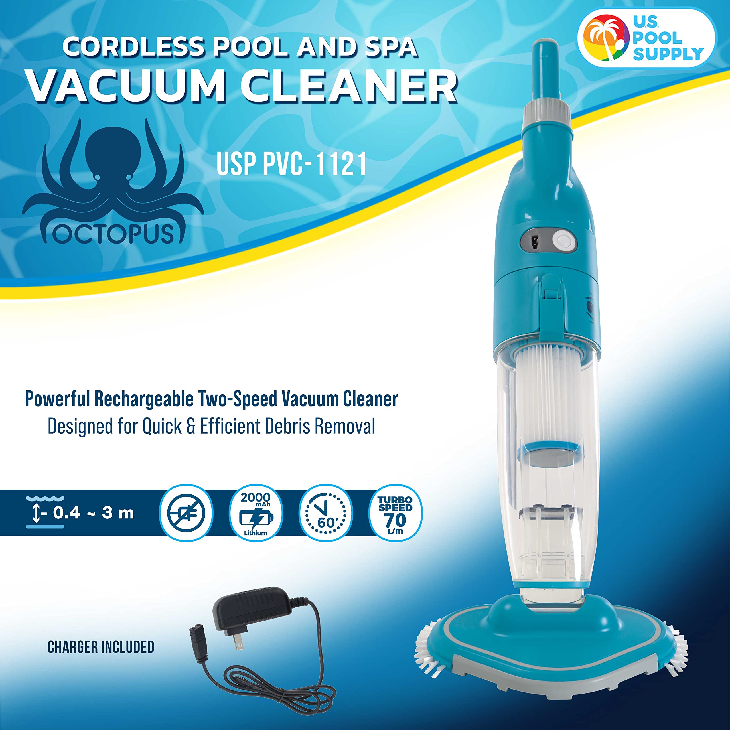 Manual Rechargeable Cordless Pool Vacuum Cleaner - Powerful Suction Handheld Pool Vac for Above Ground & Inground Pools, Hot Tubs, Spas - Includes Scrub Brush Head for Cleaning Leaves & Debris | Perfect for Quick Pool Maintenance & Seasonal Cleaning