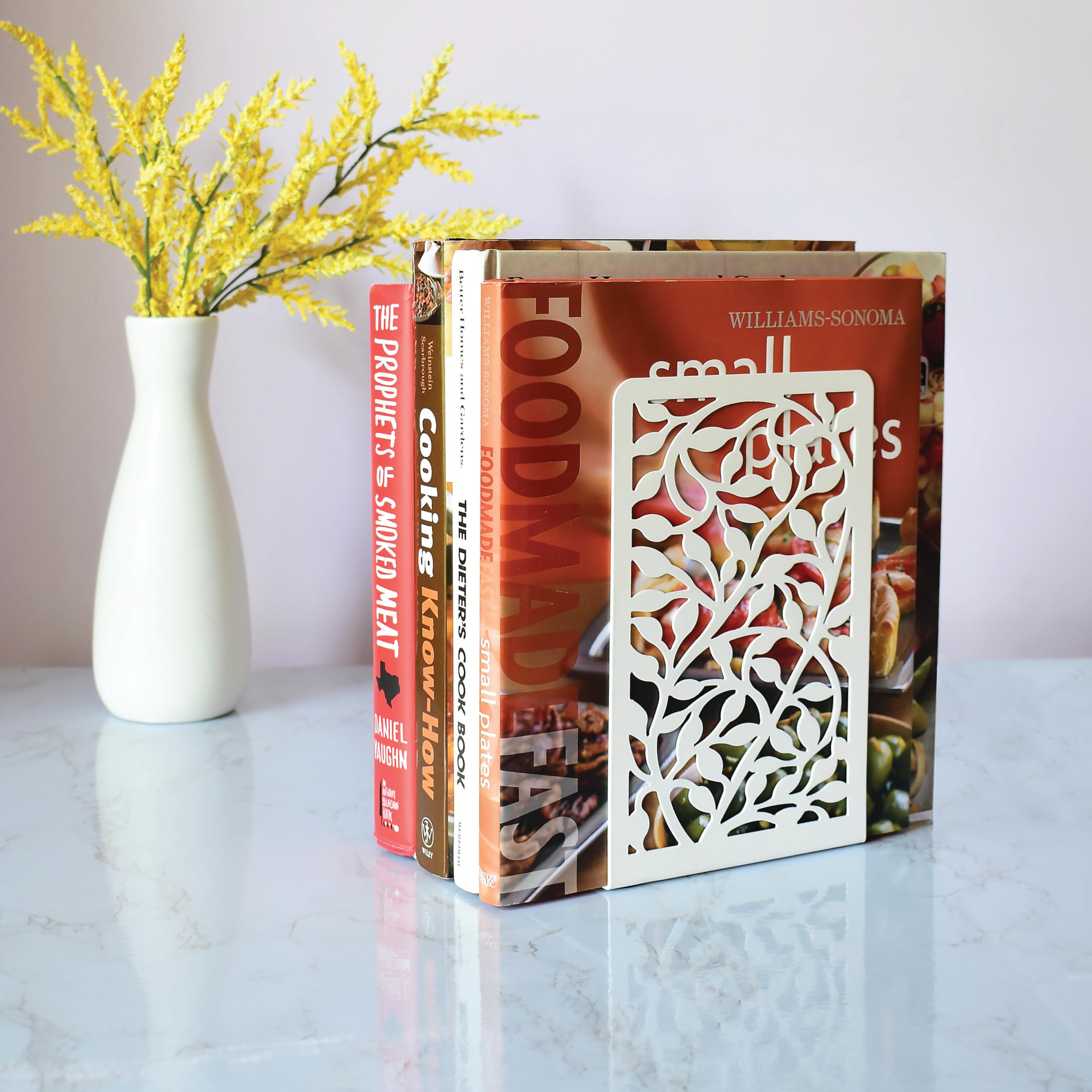 Decorative Metal Bookends Set of 4 - Heavy Duty Book Holders for Shelves, Cute Boho Style Bookend Stoppers - Perfect for Cookbooks, Office & Home Bookshelf Organization (White)