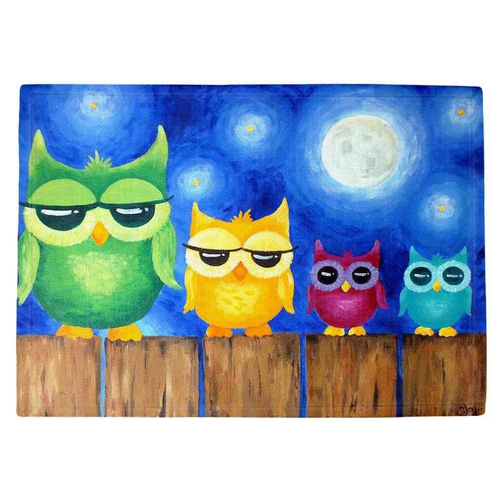 Premium USA-Made DiaNoche Kitchen Place Mats by nJoy Art - Owl on Fence Design in Blue | Waterproof & Heat-Resistant Dining Table Mats for Home, Restaurant & Outdoor Use