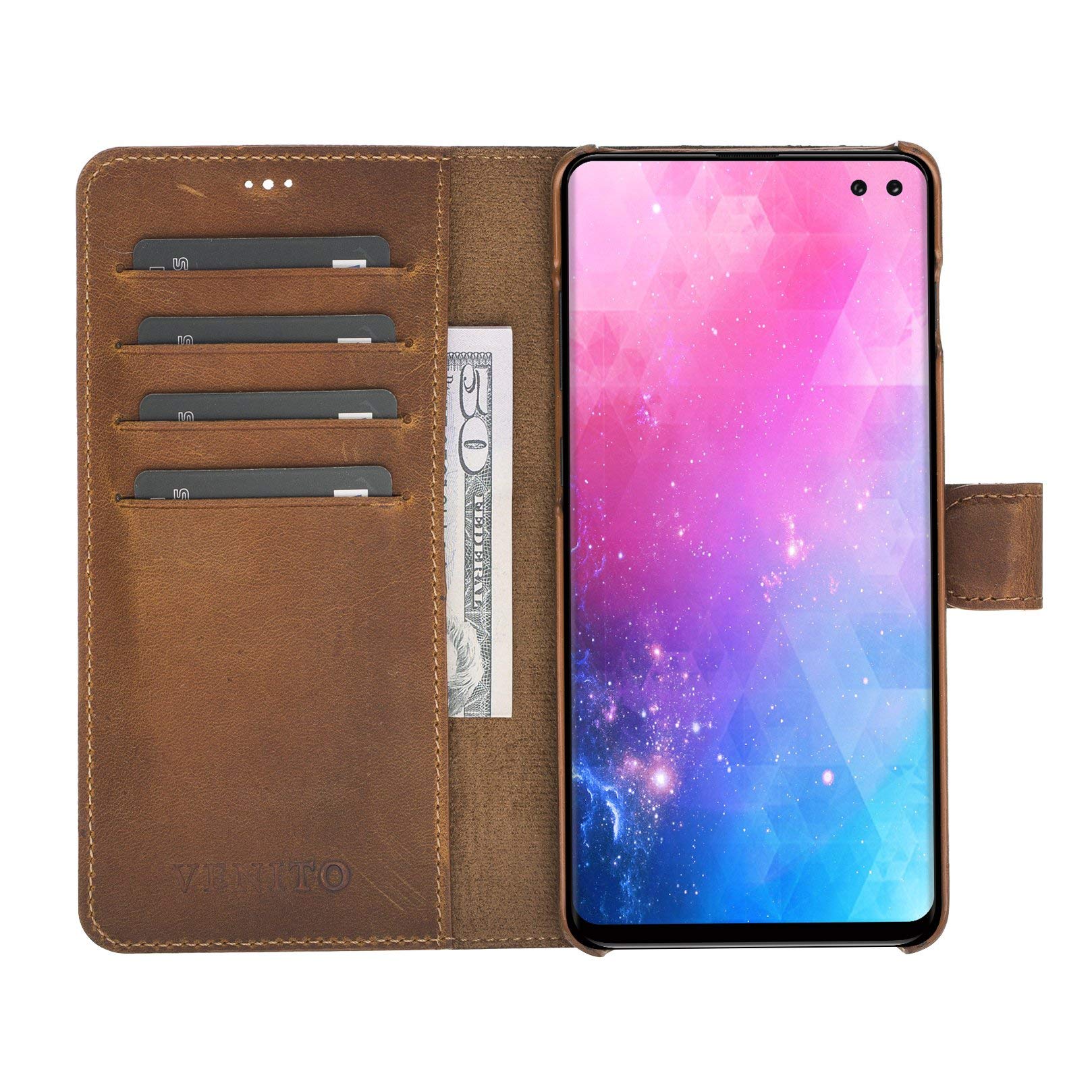 Venito Florence Genuine Leather Wallet Phone Case for Samsung Galaxy S10 Plus - RFID Blocking for Security - Detachable Phone Wallet with Card Slots - Antique Brown - Perfect for Travel, Business & Everyday Use