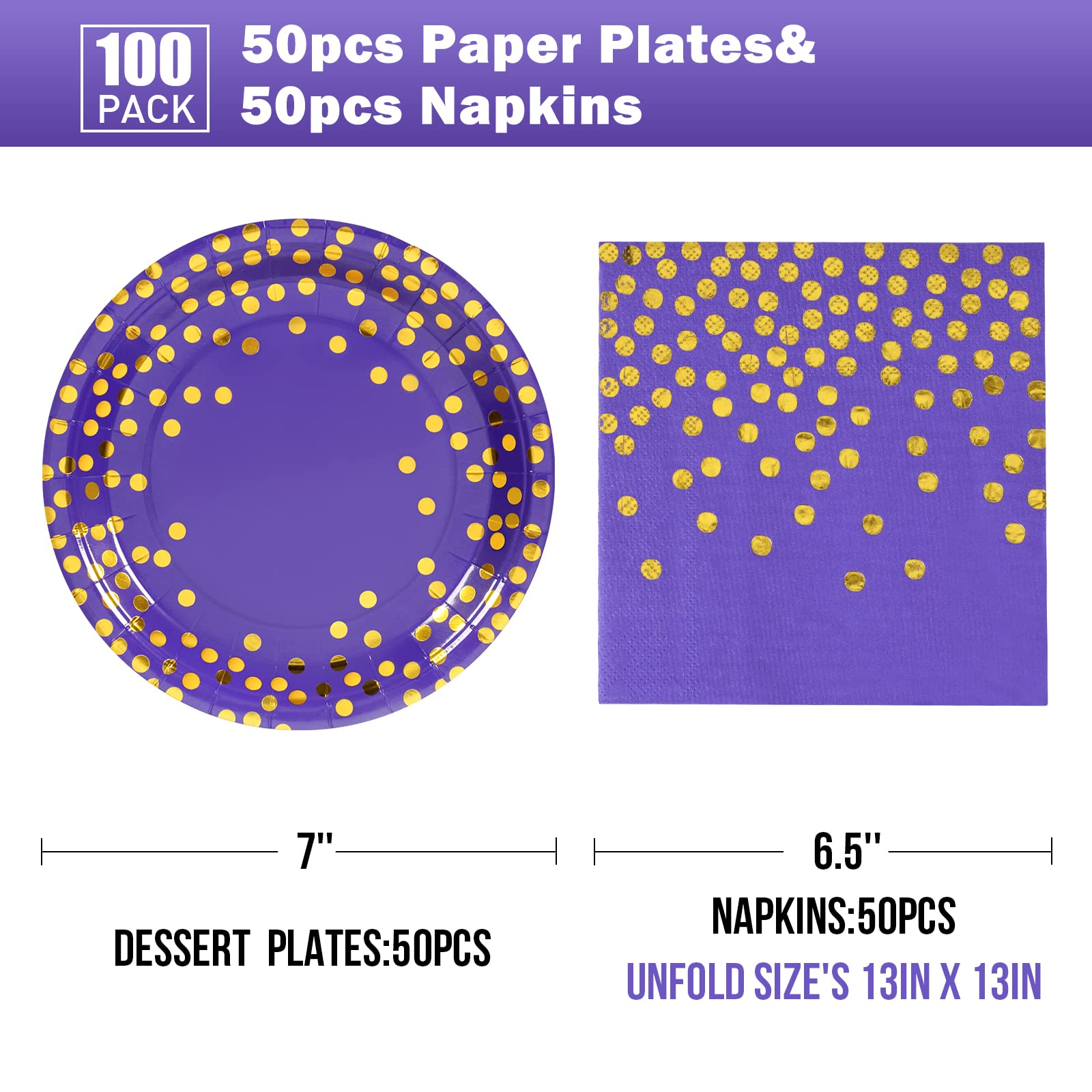 Purple and Gold Paper Plates - 100 Pack (50 x 7