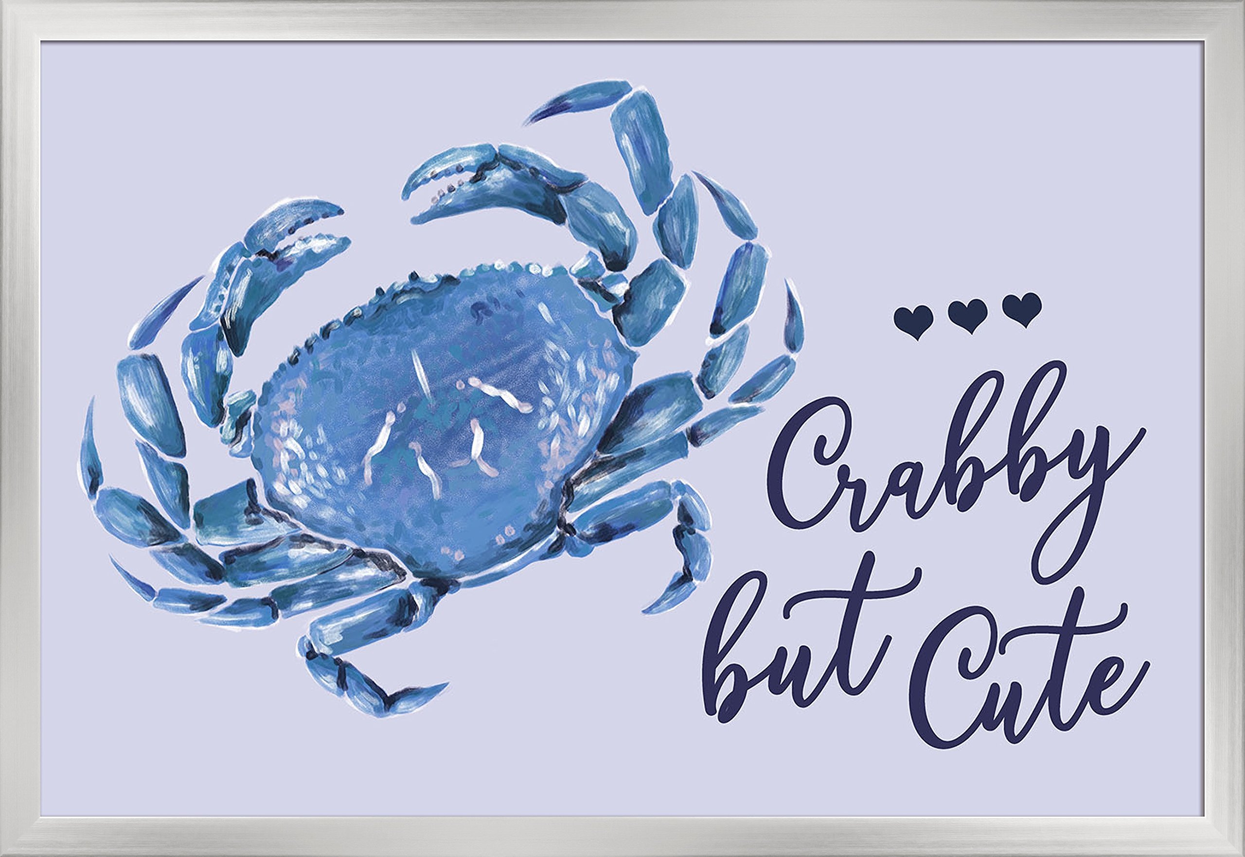Blue Crab Art Print - 36x24 Giclee Gallery Framed in Silver Wood - Coastal Home Decor, Beach House Wall Art, Marine Life Illustration for Living Room & Office