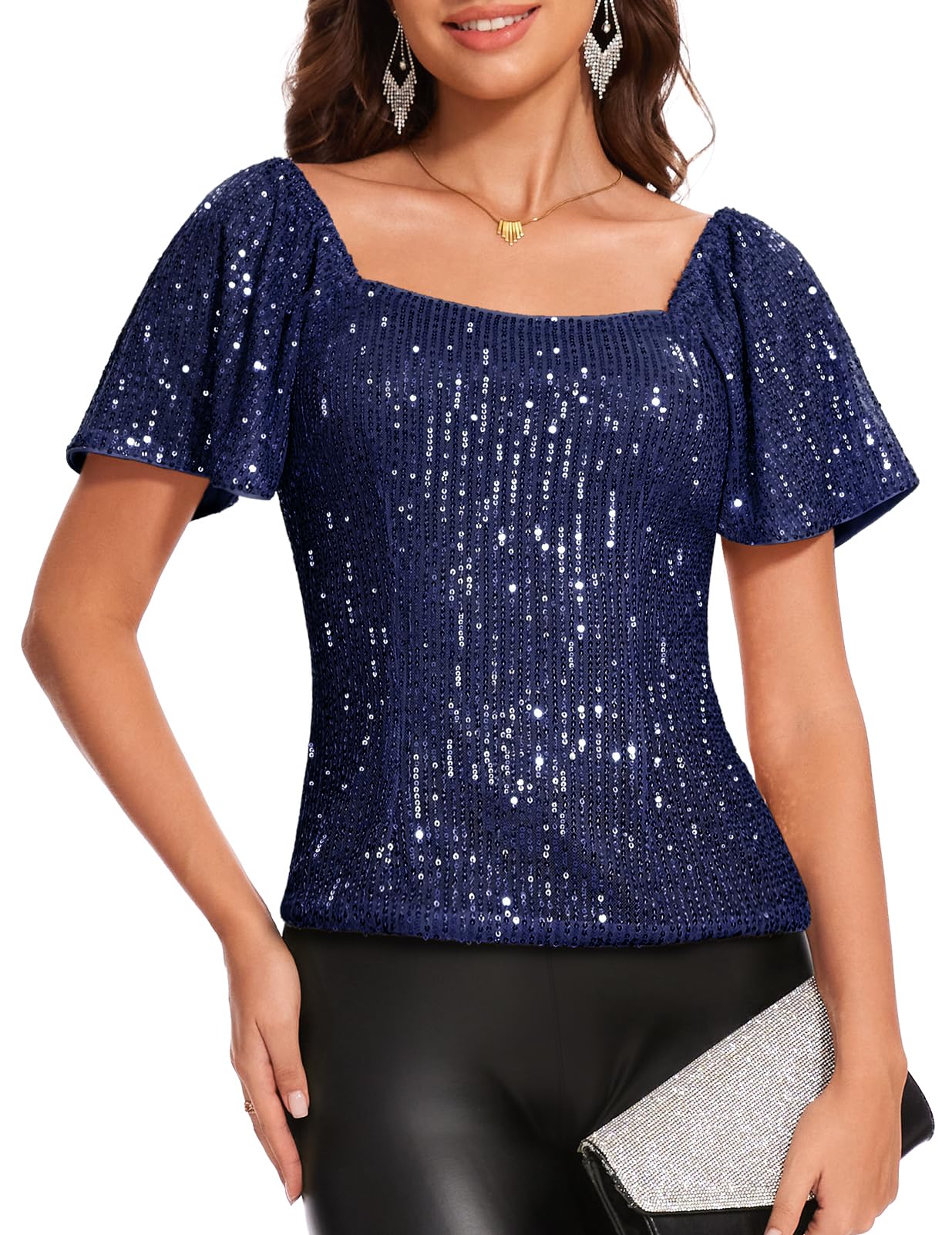 Sparkly Sequin Tops for Women - Short Sleeve Glitter Blouse with Square Neck & Ruffle Detail | Elegant Clubwear & Party Shirts for Night Out, Dinner Date, and Special Occasions