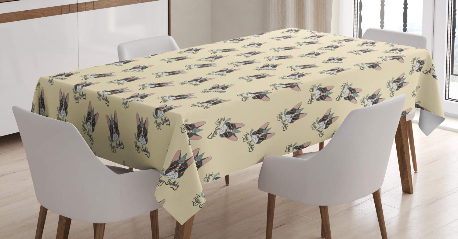 Lunarable Dog Lover Tablecloth - Humorous French Bulldog with Party Hat Birthday Design, 52x70 Inch Rectangular Table Cover for Dining Room & Kitchen, Cream & Multicolor | Perfect for Pet Birthday Parties, Family Gatherings & Holiday Decorations
