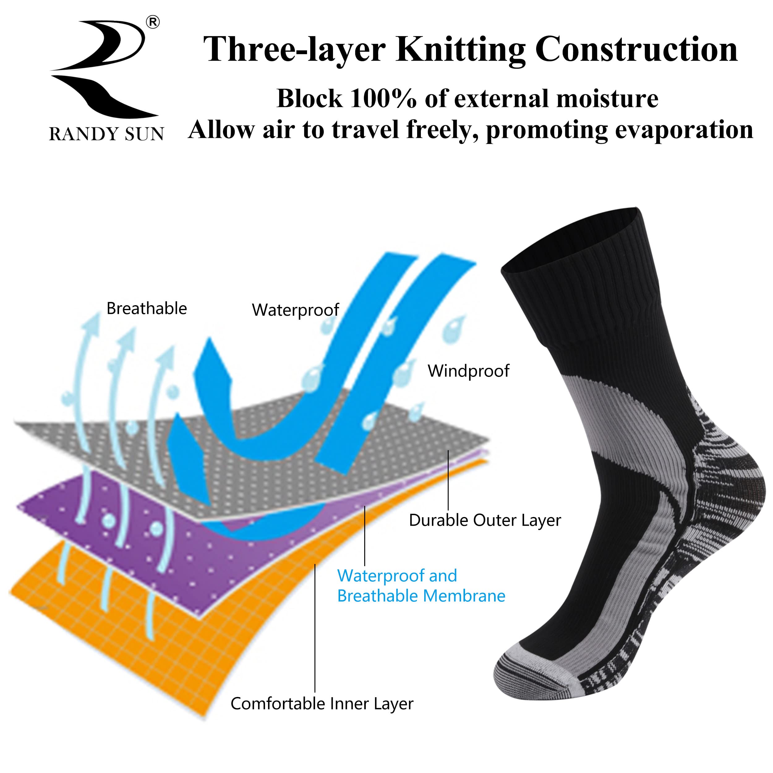RANDY SUN Waterproof Breathable Socks for Men & Women - SGS Certified Unisex Skiing, Trekking, Hiking & Wading Socks - Perfect for Outdoor Adventures, Camping & Trail Running