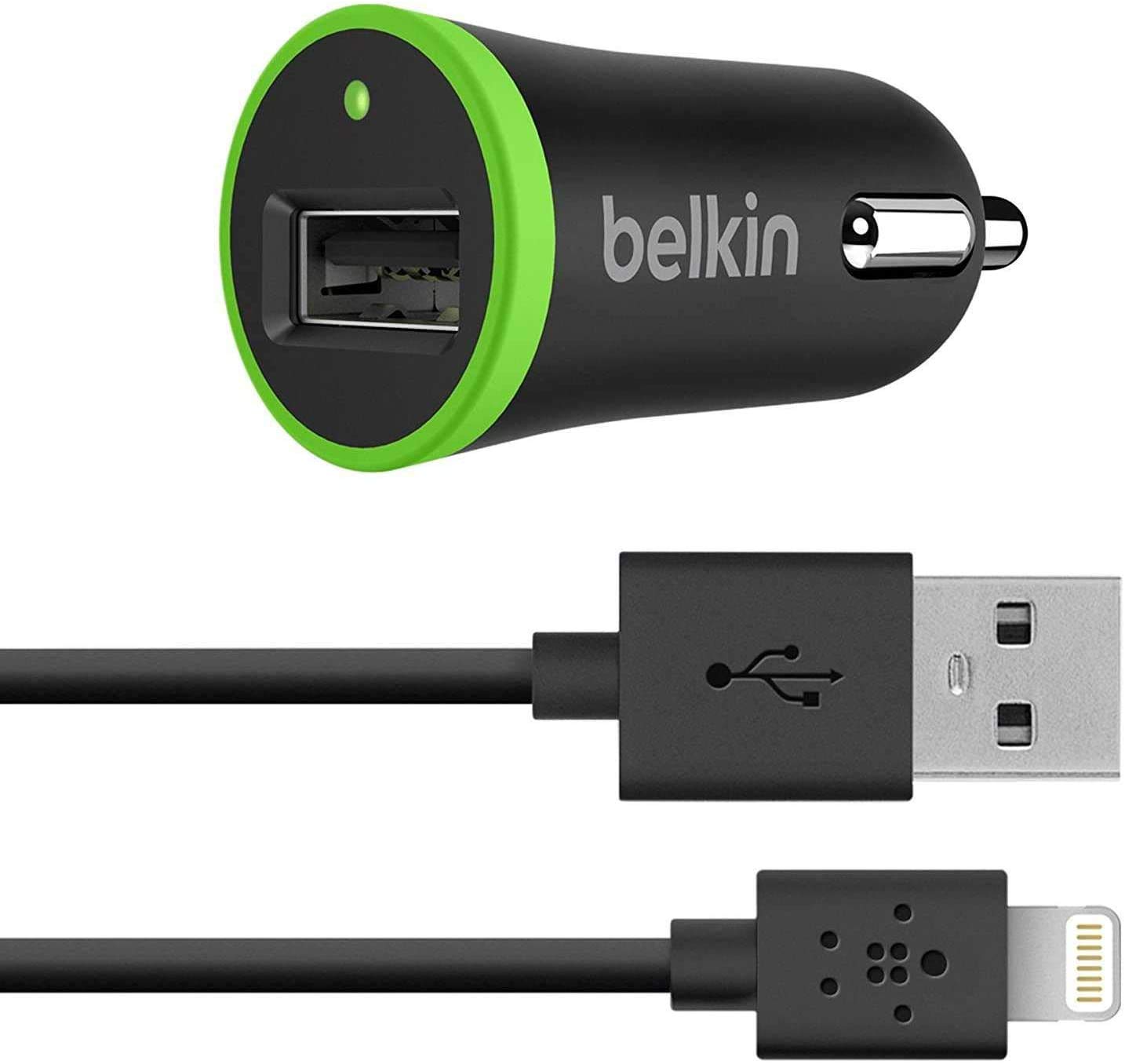 Belkin Boost Up Universal Lightning Car Charger with ChargeSync Cable & USB Passthrough (4 Feet) - Fast Charging for iPhone & Android - Perfect for Road Trips & Commuting