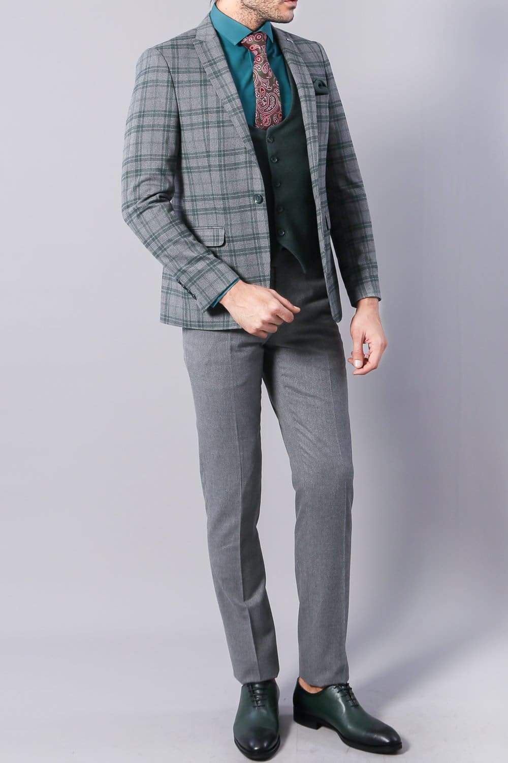 Dex Men's 3-Piece Slim Fit Suit - Sage Tweed Check Pattern Formal Wear for Weddings, Business Meetings & Special Occasions