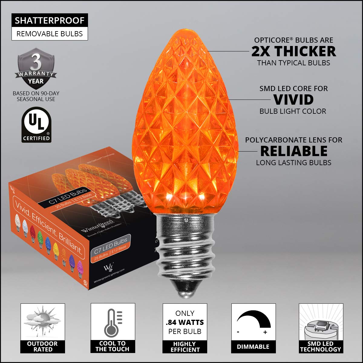 Wintergreen Lighting C7 OptiCore Commercial Christmas LED String Lights - 50 Amber/Orange Bulbs, 50ft Green Wire for Outdoor Holiday Decorations | Perfect for Roof, Tree & House Lighting