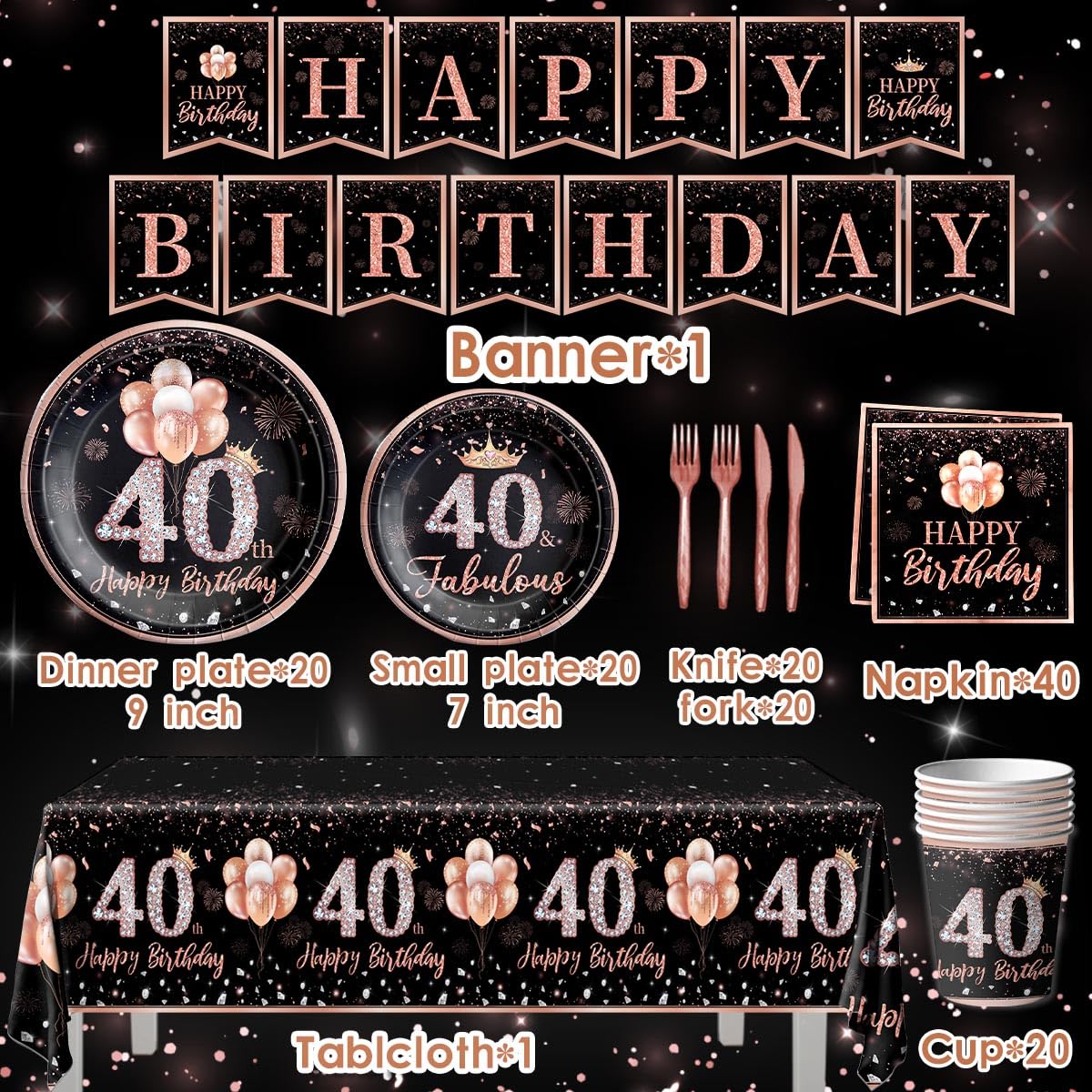 142Pcs Rose Gold 40th Birthday Party Tableware Set - Tablecloth, Plates, Napkins, Cups, Forks & Knives - Elegant Women's 40th Birthday Decorations - Perfect for Milestone Celebrations, Themed Parties & Anniversary Gatherings