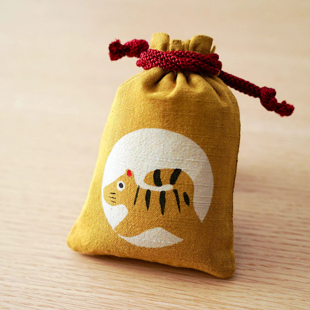 Katazome Small Tiger Talisman Bag - Japanese Traditional Craft Drawstring Pouch for Good Luck Charm, Amulet Storage & Spiritual Protection
