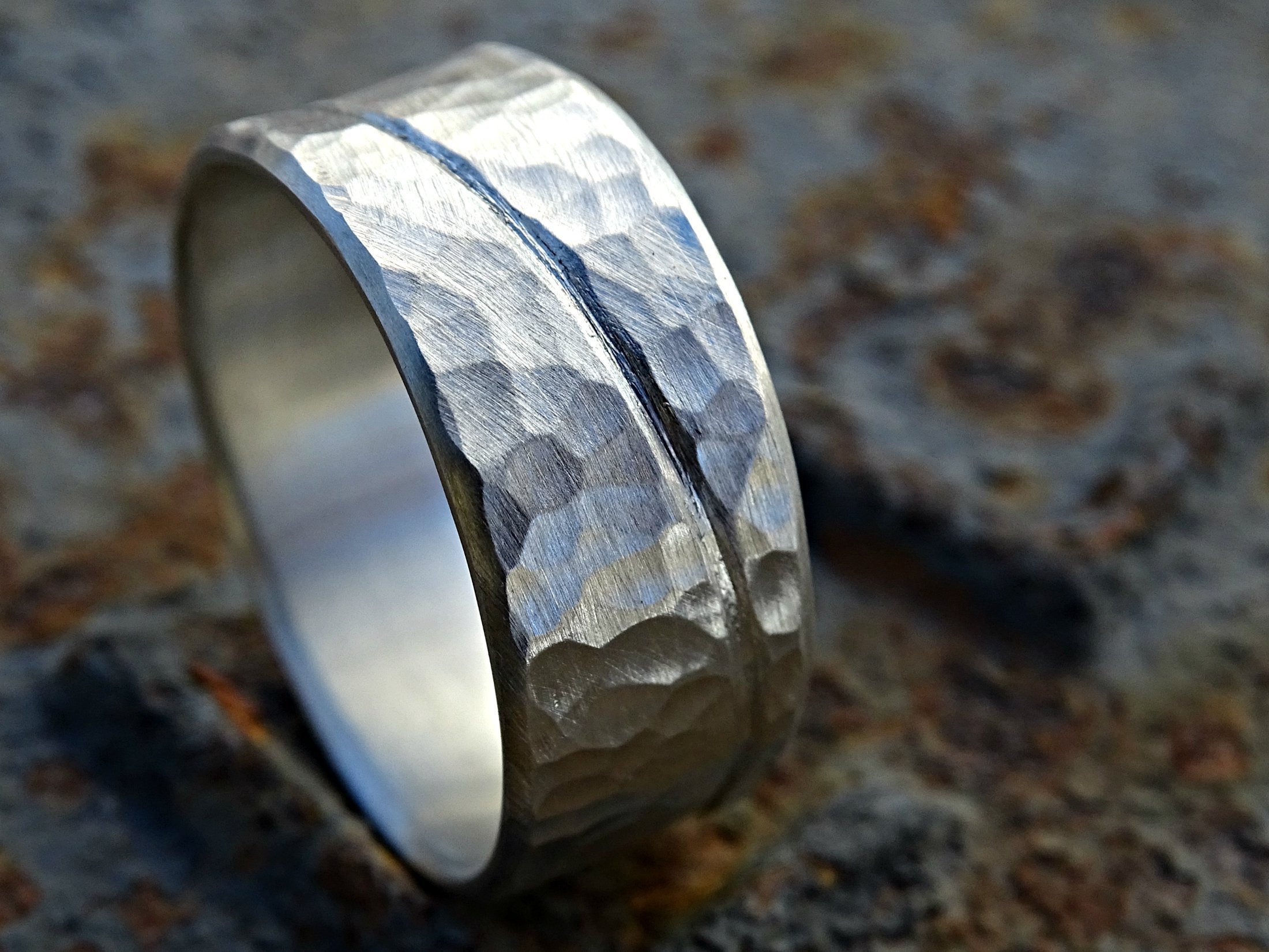 Rustic Wave Silver Ring for Men - Ocean Inspired Hammered Wedding Band - Unique Wide Mens Ring for Beach Weddings & Everyday Wear