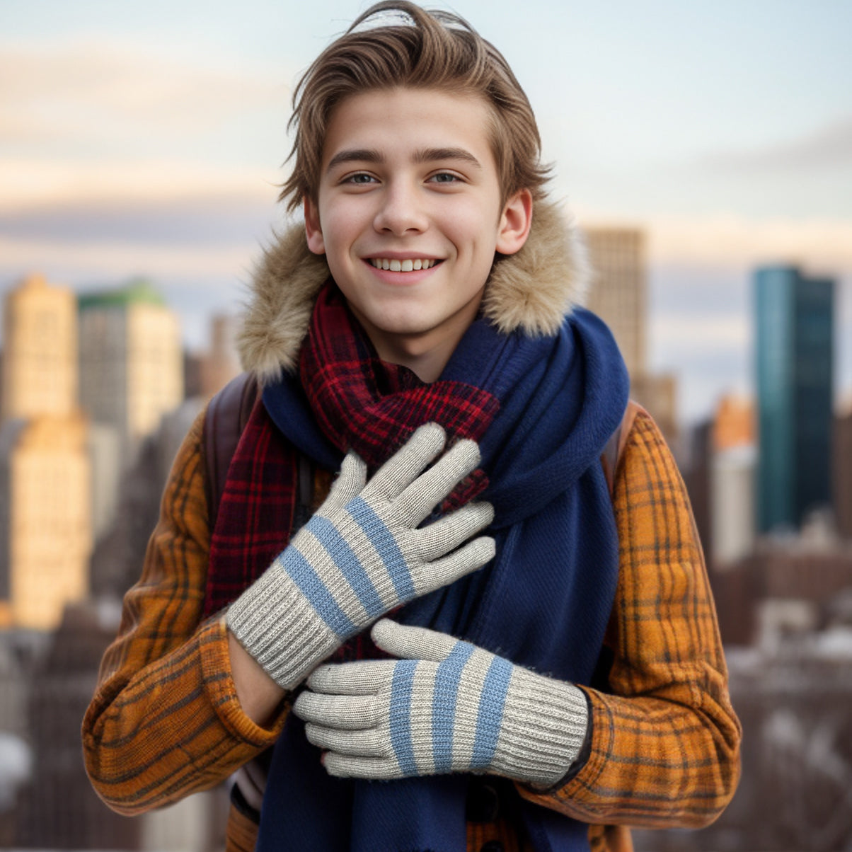 Striped Kids' Gloves - Large Size, Warm Grey Winter Gloves for Boys & Girls - Perfect for Snow Play, Skiing & Outdoor Activities