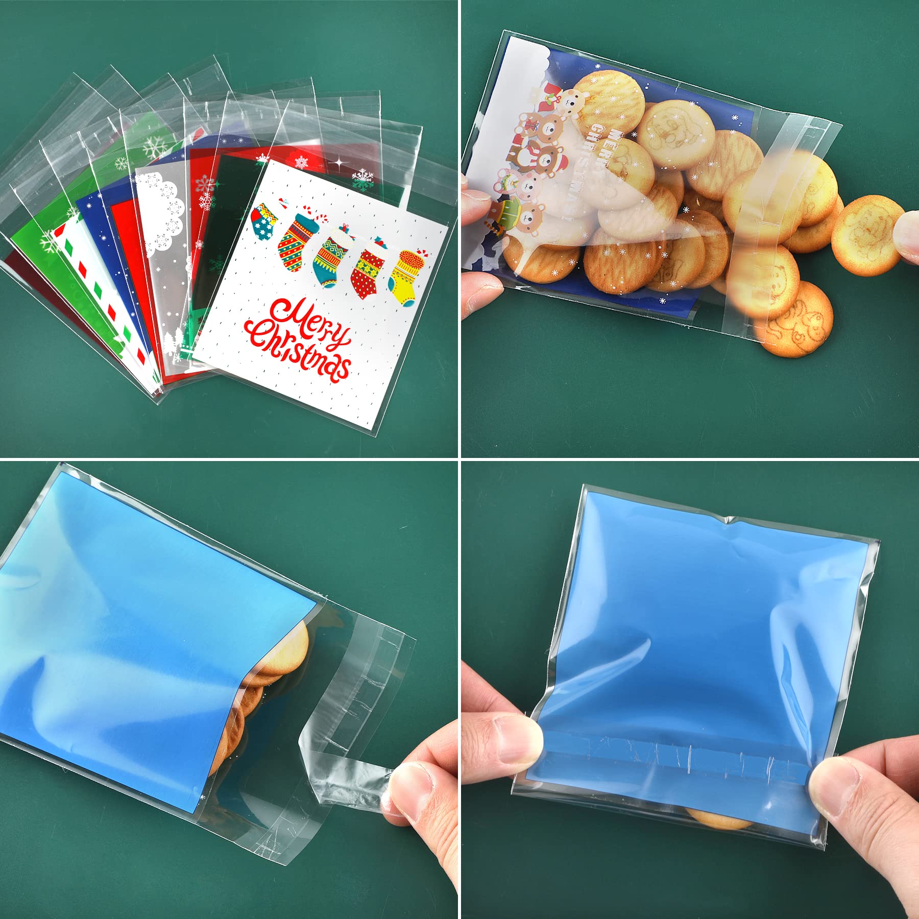 FEBSNOW 450 PCS Christmas Candy Bags - Self-Adhesive Cellophane Treat Bags for Cookies, Candies & Party Favors - Holiday Gift Wrapping & Decoration Supplies (9 Festive Patterns) - Perfect for Christmas Parties, Gift Exchanges & Cookie Packaging