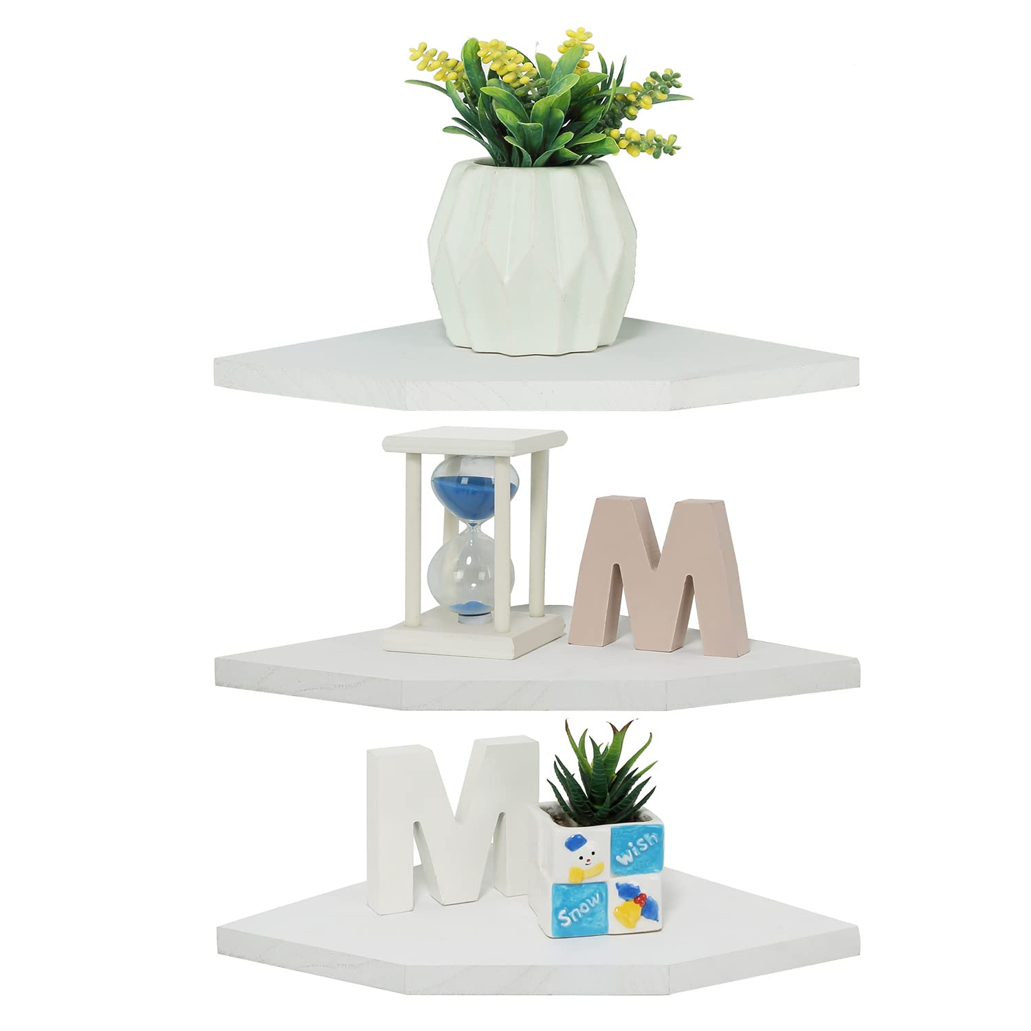 Joiishom 3-Piece Corner Wall Shelf Set - Floating Rustic Wood Shelves for Living Room, Bedroom, Bathroom & Kitchen - Wall Storage & Display Shelves (Fan-Shaped, White) - Perfect for Small Spaces, Home Decor & Organizing Essentials