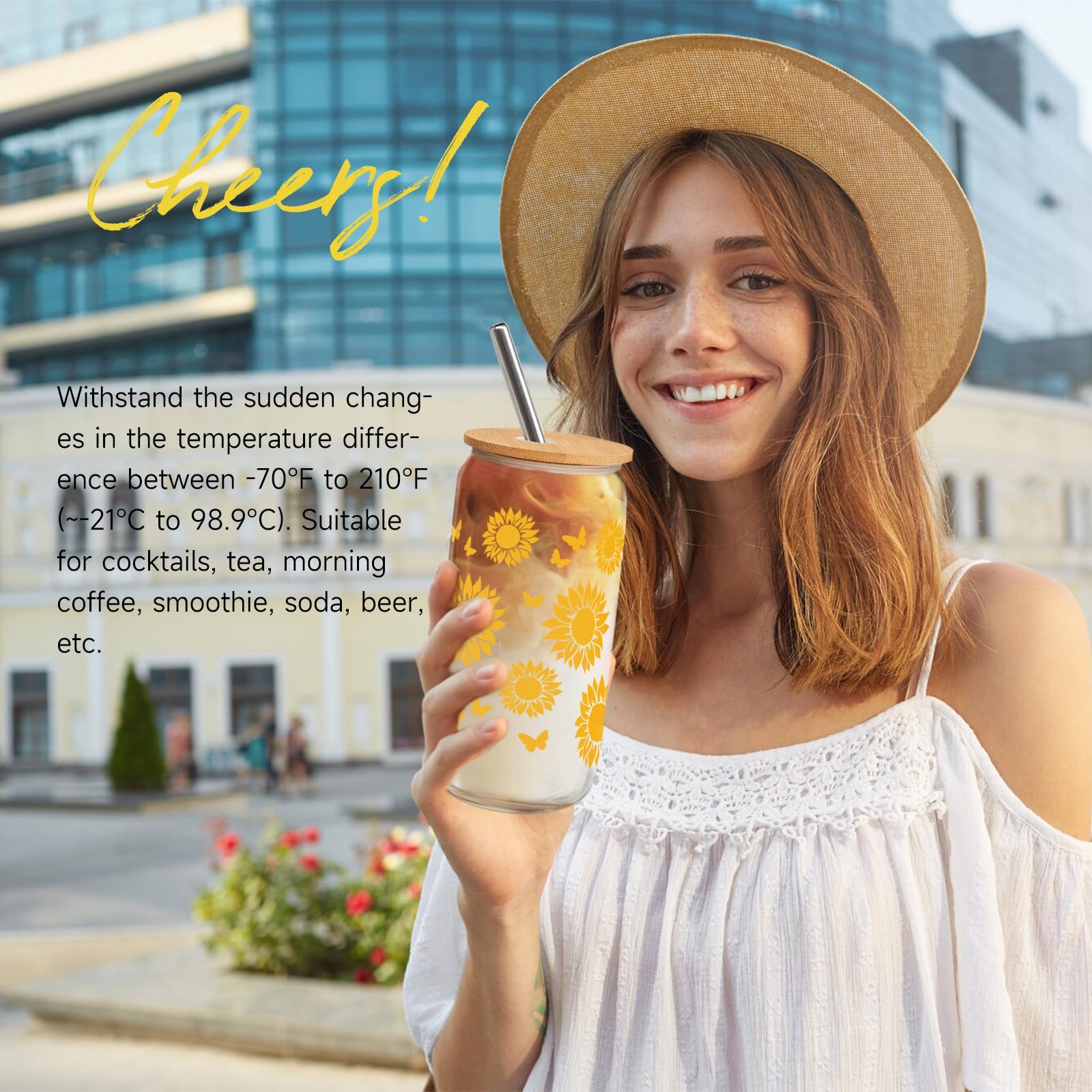 Sunflower Sunshine Glass Cup Gift Set for Women - 16oz Yellow Happy Birthday Present for Her, Sister, Daughter, Friend - 7PCS Friendship Gifts for Teen Girls & Women - Perfect for Birthday Celebrations, Housewarming, Thank You Gifts & Daily Use