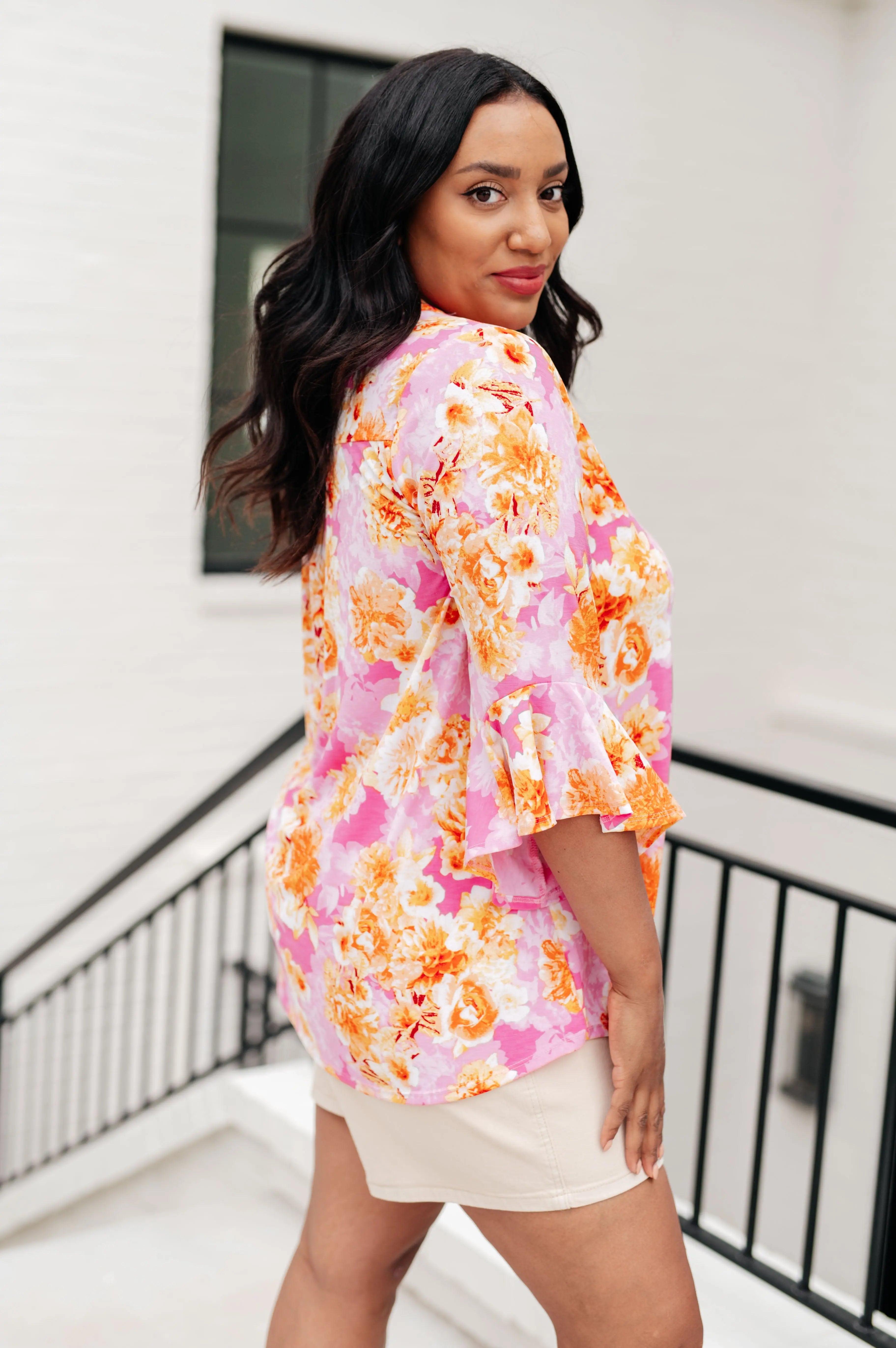Lizzy Bell Sleeve Blouse - Pink & Gold Floral Print Women's Tops for Casual Wear, Office, and Date Night Outfits