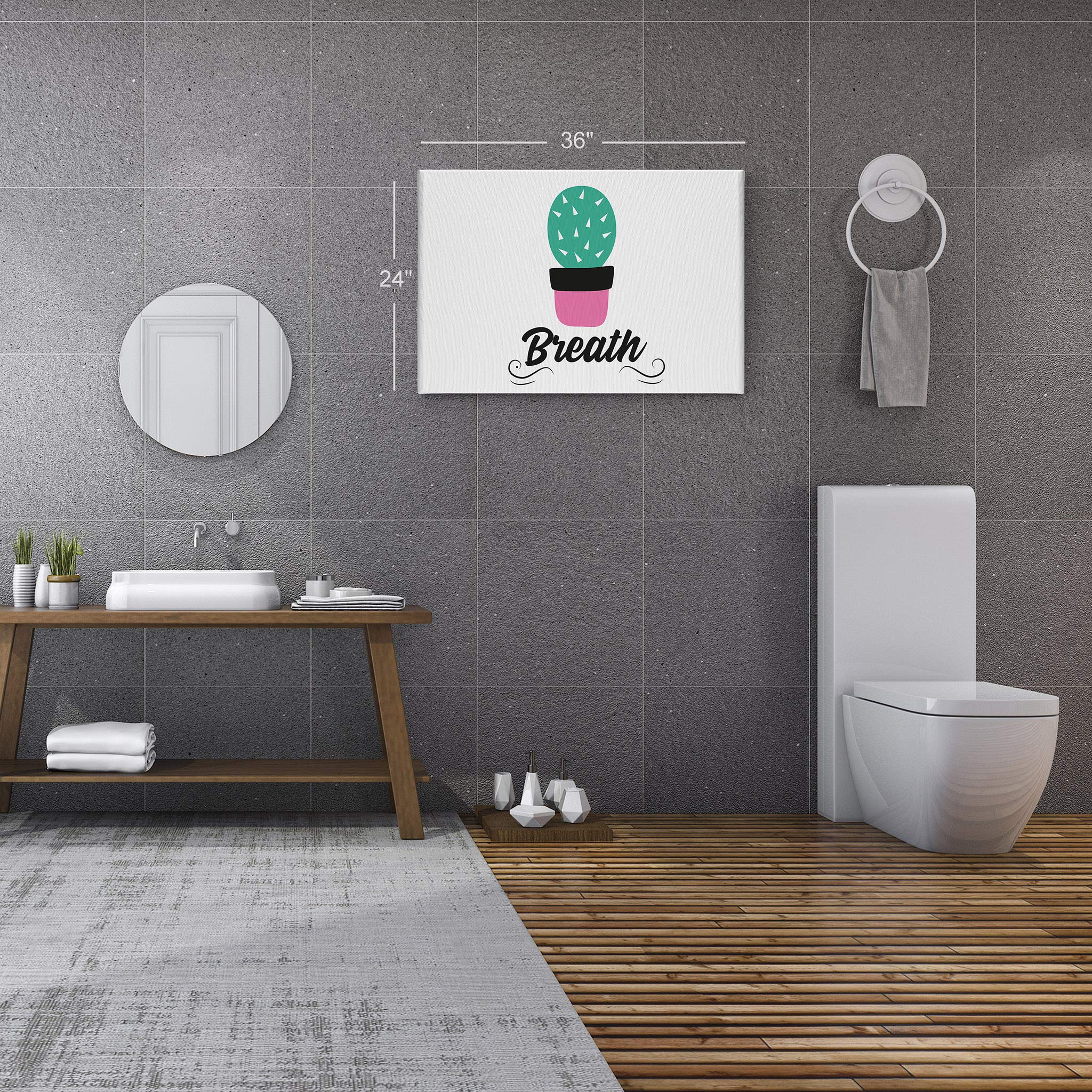 Smile Art Design Breath Typography Quote Canvas Print - Cactus Bathroom Sign Wall Decor - 24x36 Inch Ready to Hang Bathroom Wall Art - Made in USA - Perfect for Bathroom, Living Room & Home Decoration