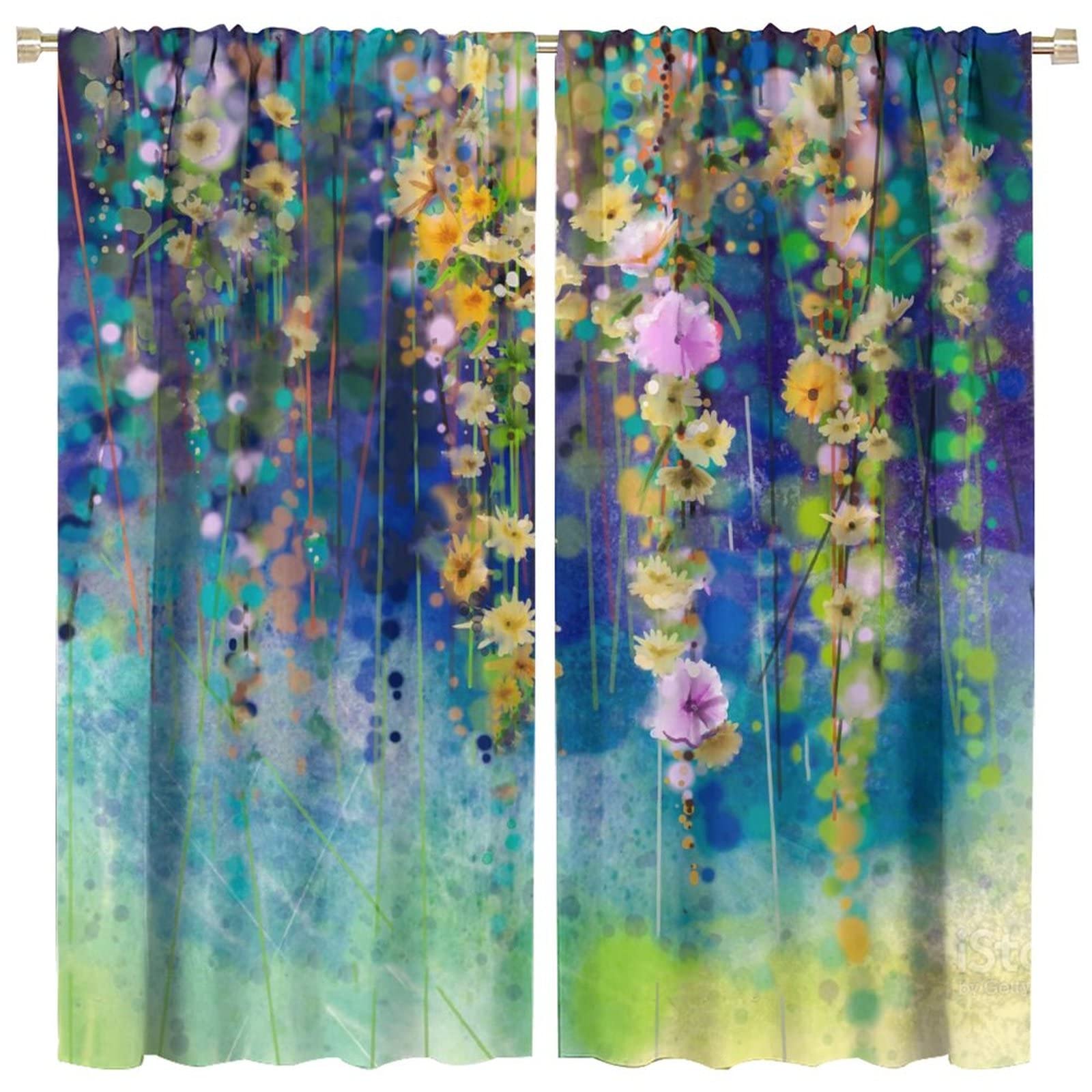 Watercolor Floral Curtains - Colorful Abstract Oil Painting Print, Waterproof Grommet Window Drapes for Bedroom, Kitchen & Bathroom - 2 Panels 42x45 Inch - Perfect for Girls' Rooms, Small Closets & Bohemian Decor