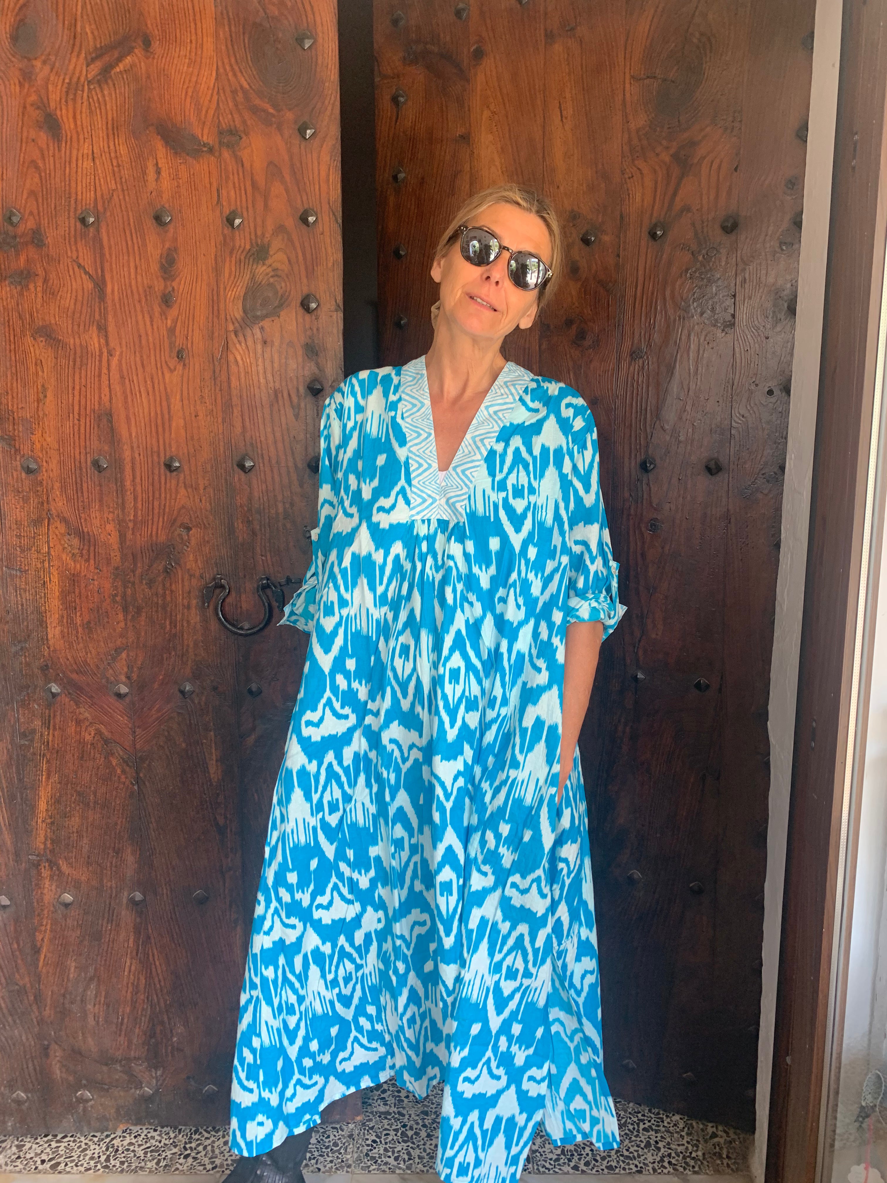 Bohemian Ikat Kaftan Dress - Turquoise Blue Flowy Beach Cover Up for Women | Perfect for Ibiza Vacations, Pool Parties & Summer Getaways