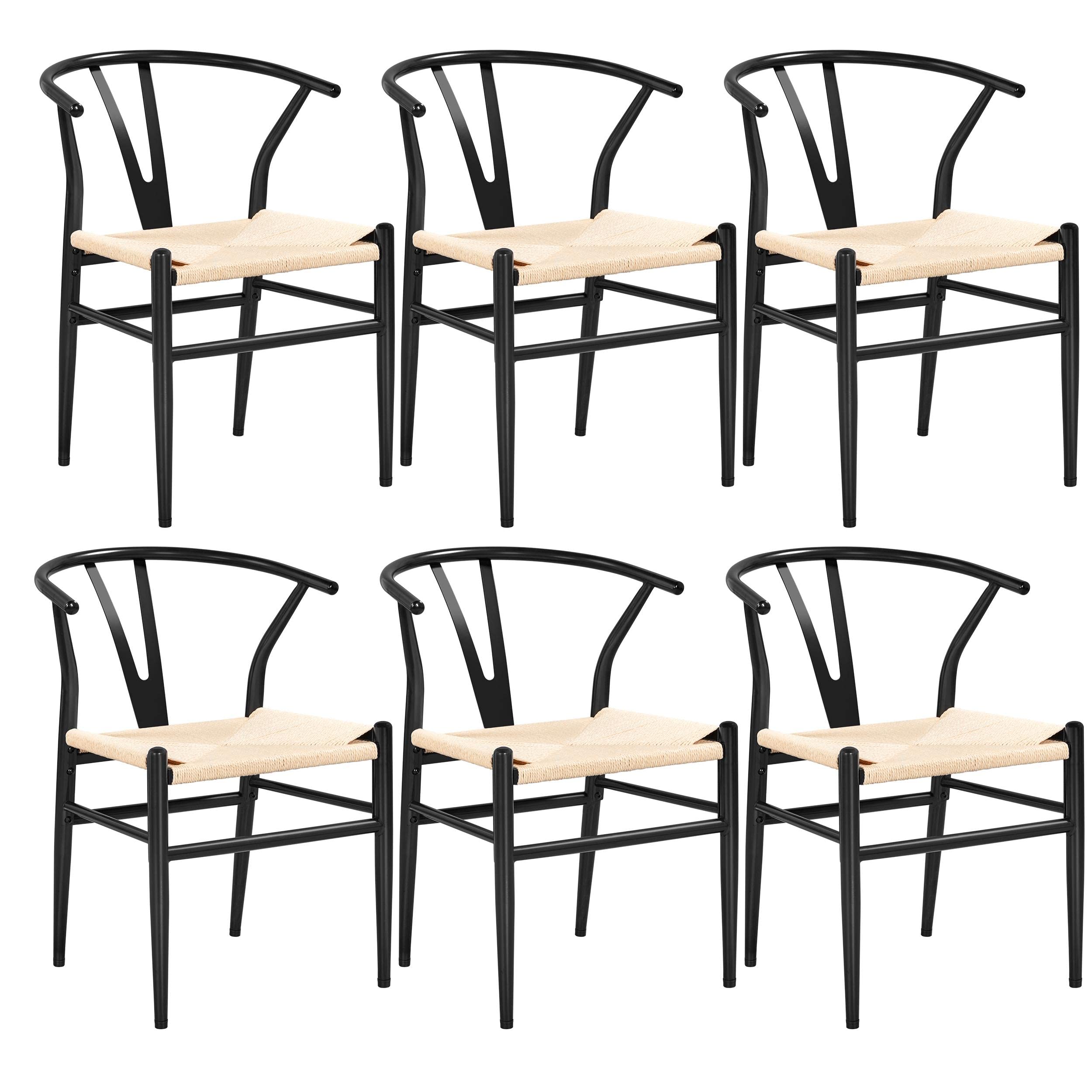 Yaheetech 6-Piece Mid-Century Modern Dining Chair Set - Black Metal Frame with Y-Shaped Backrest & Woven Hemp Seat - Perfect for Kitchen, Dining Room, Patio or Outdoor Entertaining (3 Packages/6 Chairs)