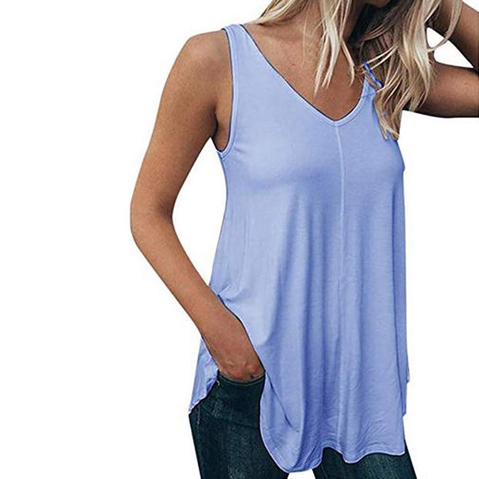 ZASUN Women's Sleeveless V-Neck Tank Tops - Summer Casual Solid Color Blouses & Plus Size T-Shirts for Workout, Beach, and Everyday Wear