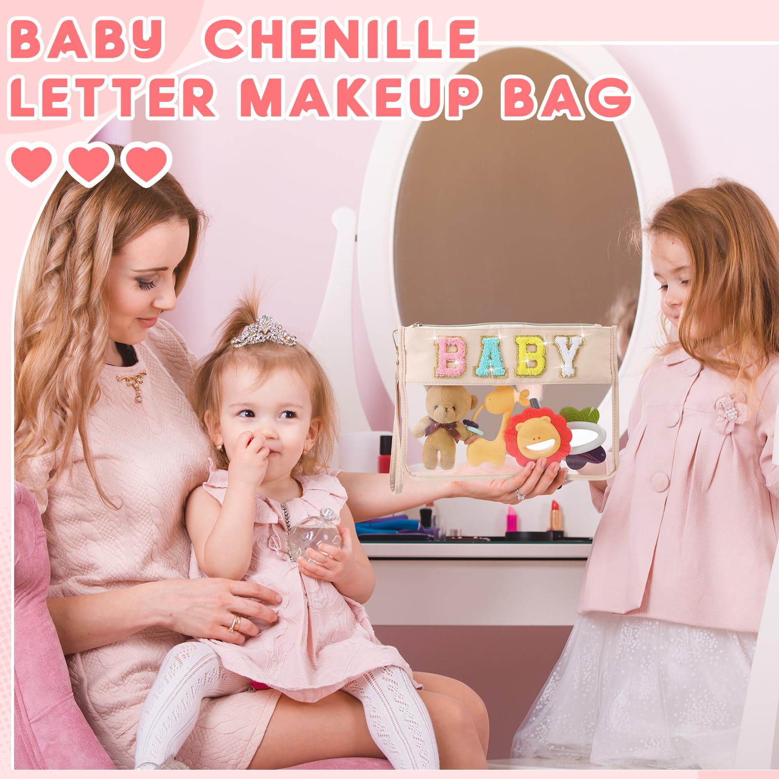 Hillban 2-Piece Baby Travel Bag Set - Soft Chenille Letter Cosmetic Makeup Bags, Waterproof Toiletry Storage Organizer for Women & Moms (Baby Theme) - Perfect for Diaper Essentials, Baby Showers & On-the-Go Parenting
