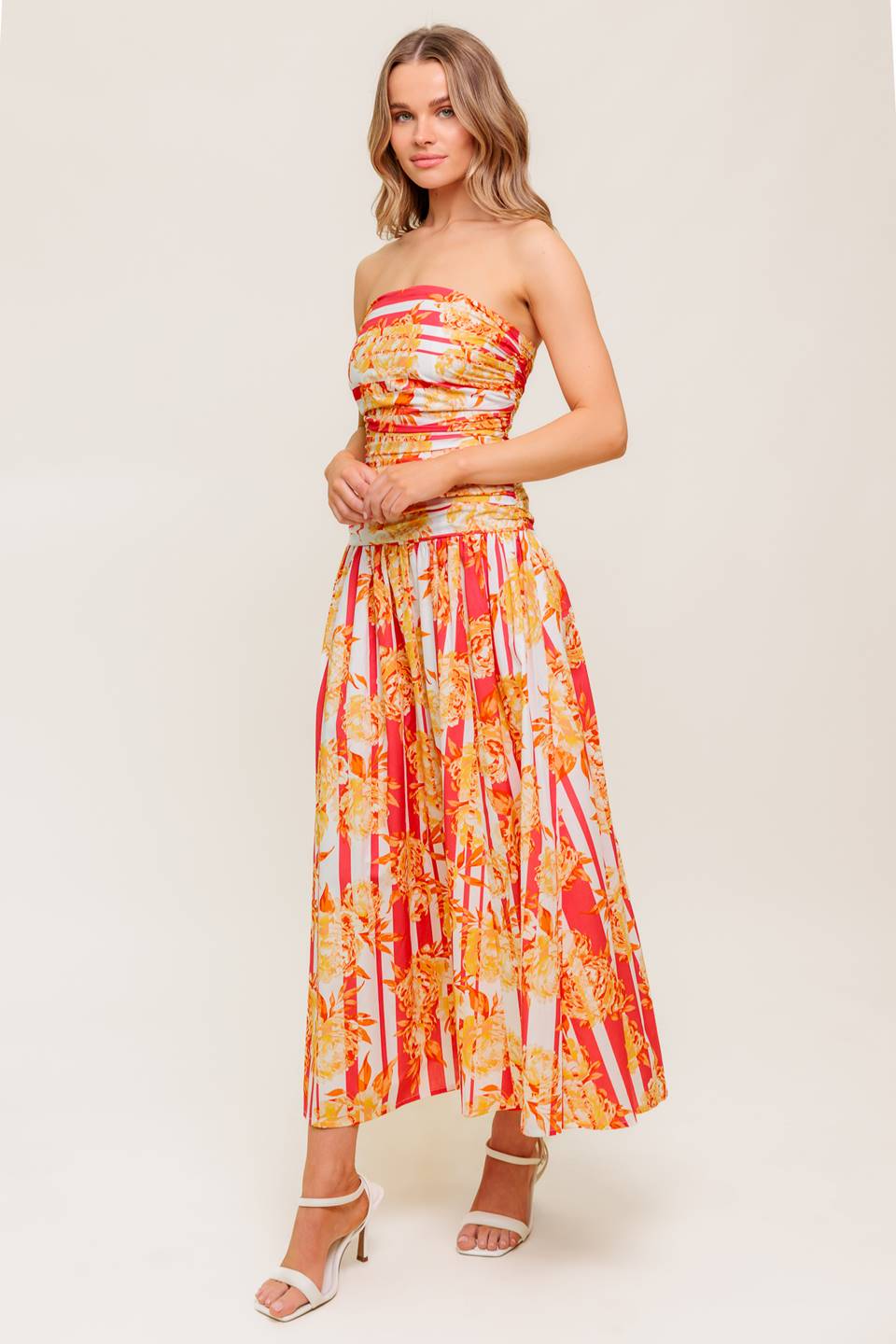 PEONY STORM Shirred Strapless Midi Dress - Elegant Summer Party, Wedding Guest & Cocktail Dress for Women