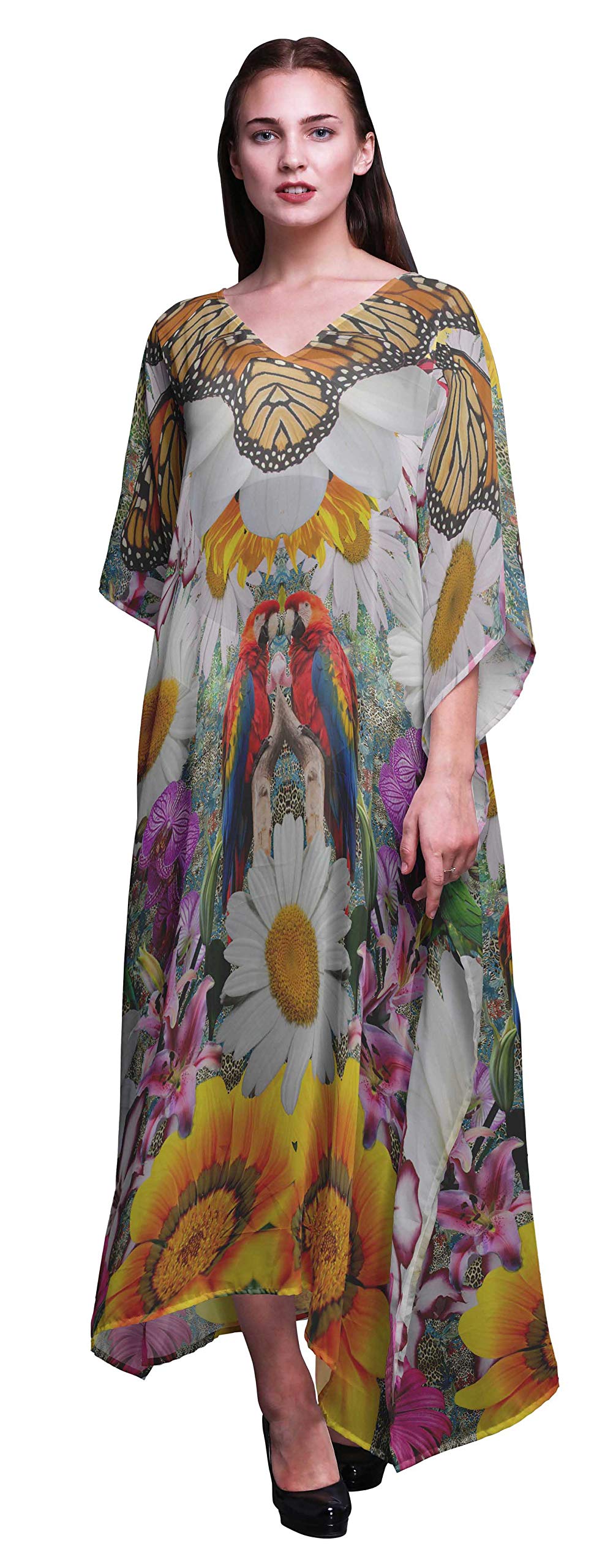 Women's Floral Kaftan Beach Cover Up Dress - Long Sleeve Maxi Dress for Summer, Swimwear Coverup, Boho Chic Beachwear for Vacations & Poolside Relaxation