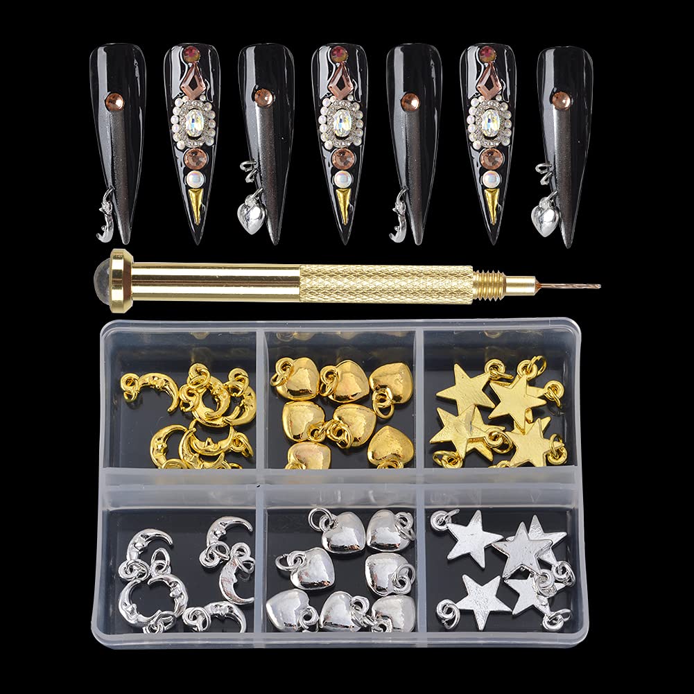 **Gold Silver Moon Star Heart Nail Jewelry Rings with Piercing Tool - Hand Drill Nail Art Dangle Charms for Acrylic Nails DIY Decoration | Perfect for Nail Salons, Parties & Gifts**