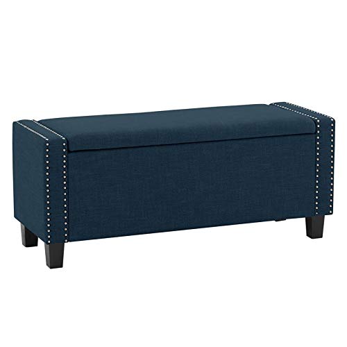 CorLiving Luna Contemporary Navy Blue Fabric Upholstered Storage Ottoman with Nail Trim - Stylish Footrest, Coffee Table & Hidden Storage for Living Room, Bedroom & Office