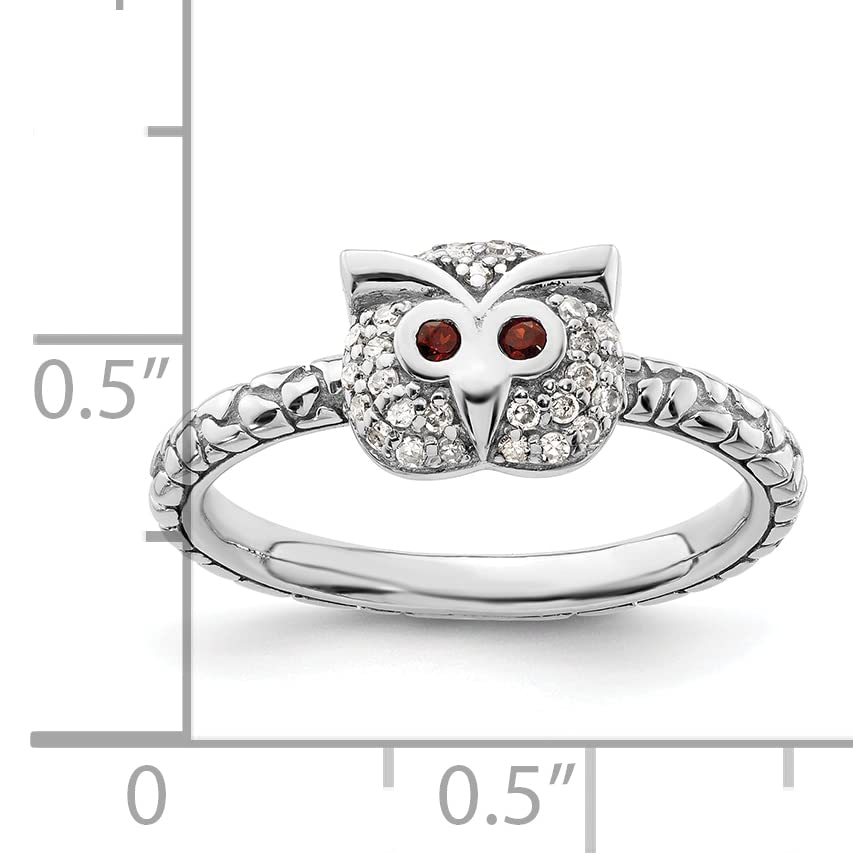 Avariah Solid Sterling Silver Stackable Expressions Garnet & Diamond Owl Ring - Size 7.0 - Elegant Jewelry for Women, Perfect Gift for Birthday, Anniversary & Special Occasions