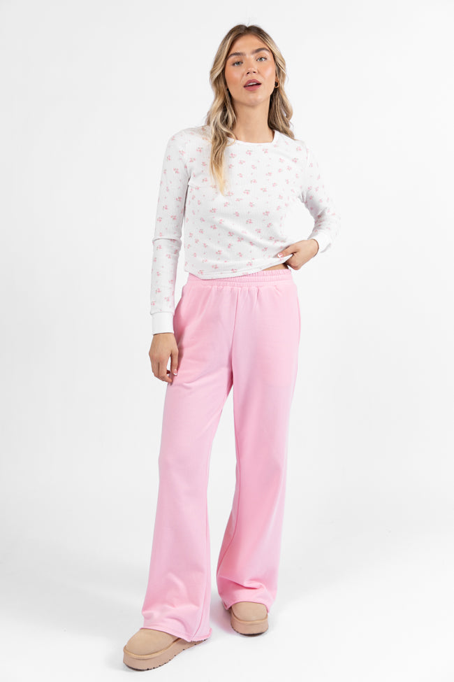 Lazy Floral Ivory and Pink Floral Print Waffle Layering Top | Women's Casual Blouse | Perfect for Spring Outfits & Boho Style