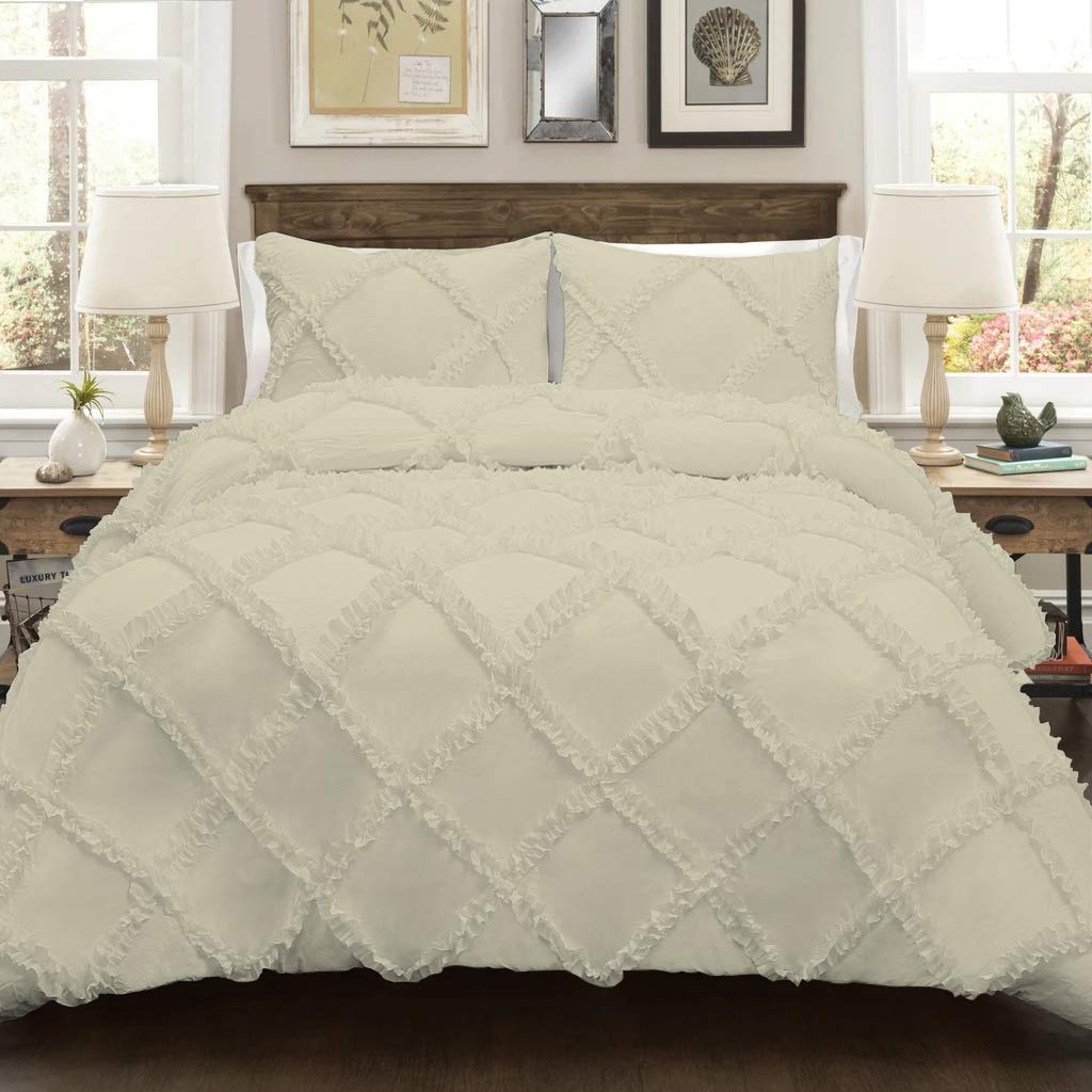 Premium 800 Thread Count 100% Egyptian Cotton Duvet Cover Set with Zipper & Corner Ties - Cross Diamond Ruffle Design for California King/King Size in Ivory | Luxury Bedding for Master Bedroom, Guest Room & Hotel Use