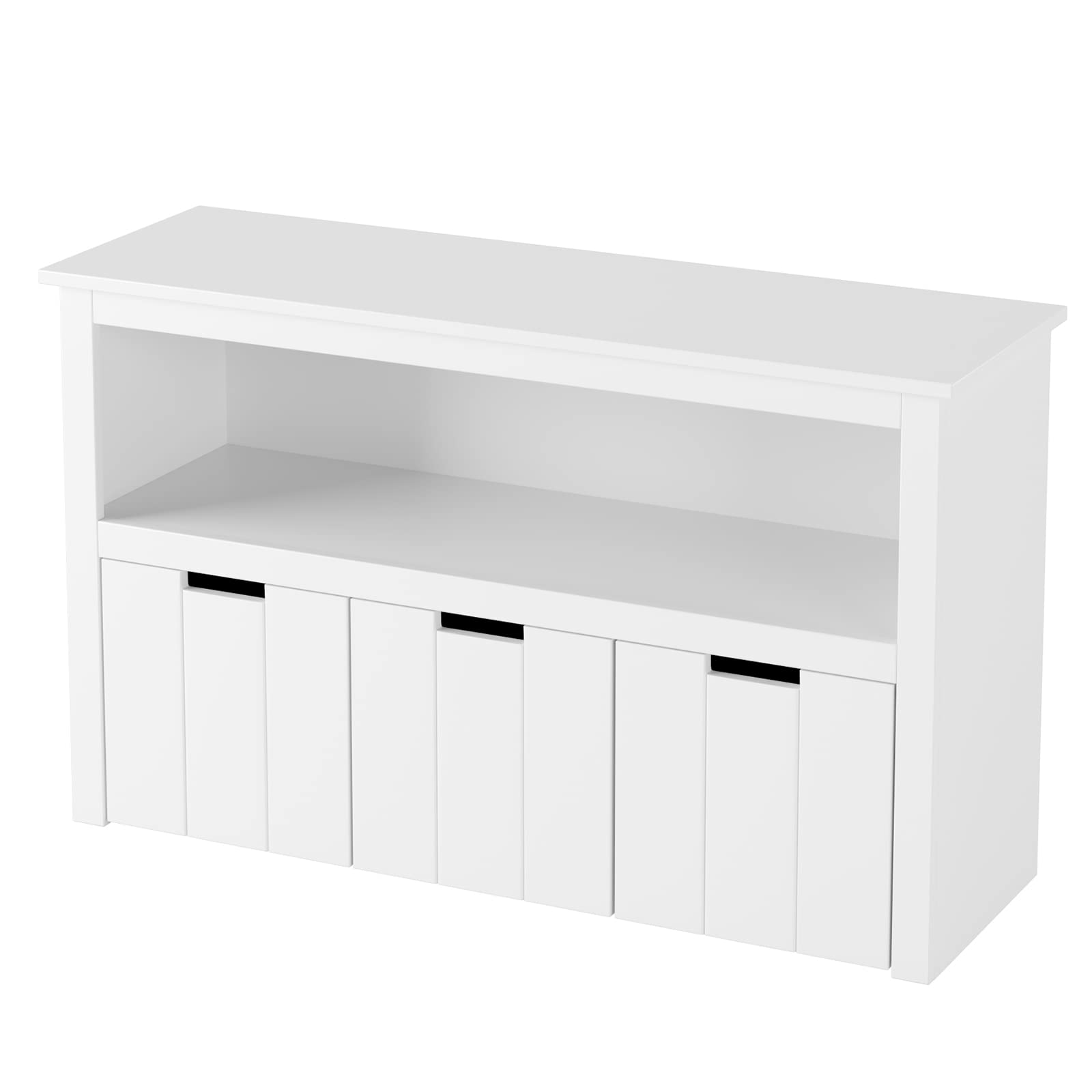 FOTOSOK Kids Toy Storage Cabinet with 3 Adjustable Drawers - White Playroom Organizer with Hidden Wheels & Open Bookshelf - Perfect for Nursery, Daycare & Home Organization