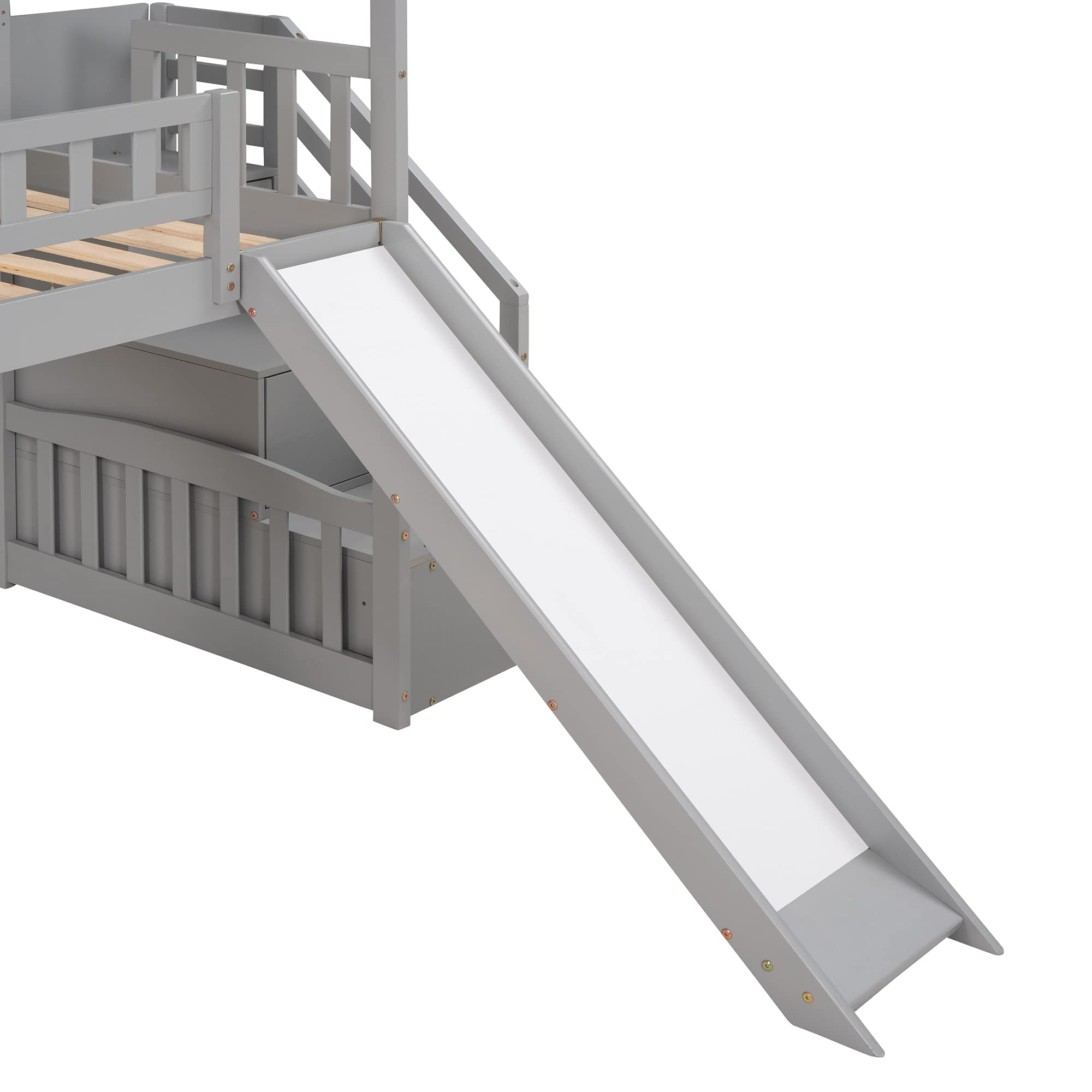 Twin Loft Bed with Slide & Stairs - Wooden House Cabin Bed for Kids & Toddlers with Storage Drawers | Space-Saving Kids Bedroom Furniture for Small Rooms & Play Areas (Grey)